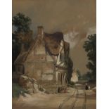 William Alfred Delamotte,  British 1775-1863-  An old thatched house beside a path with two figu...