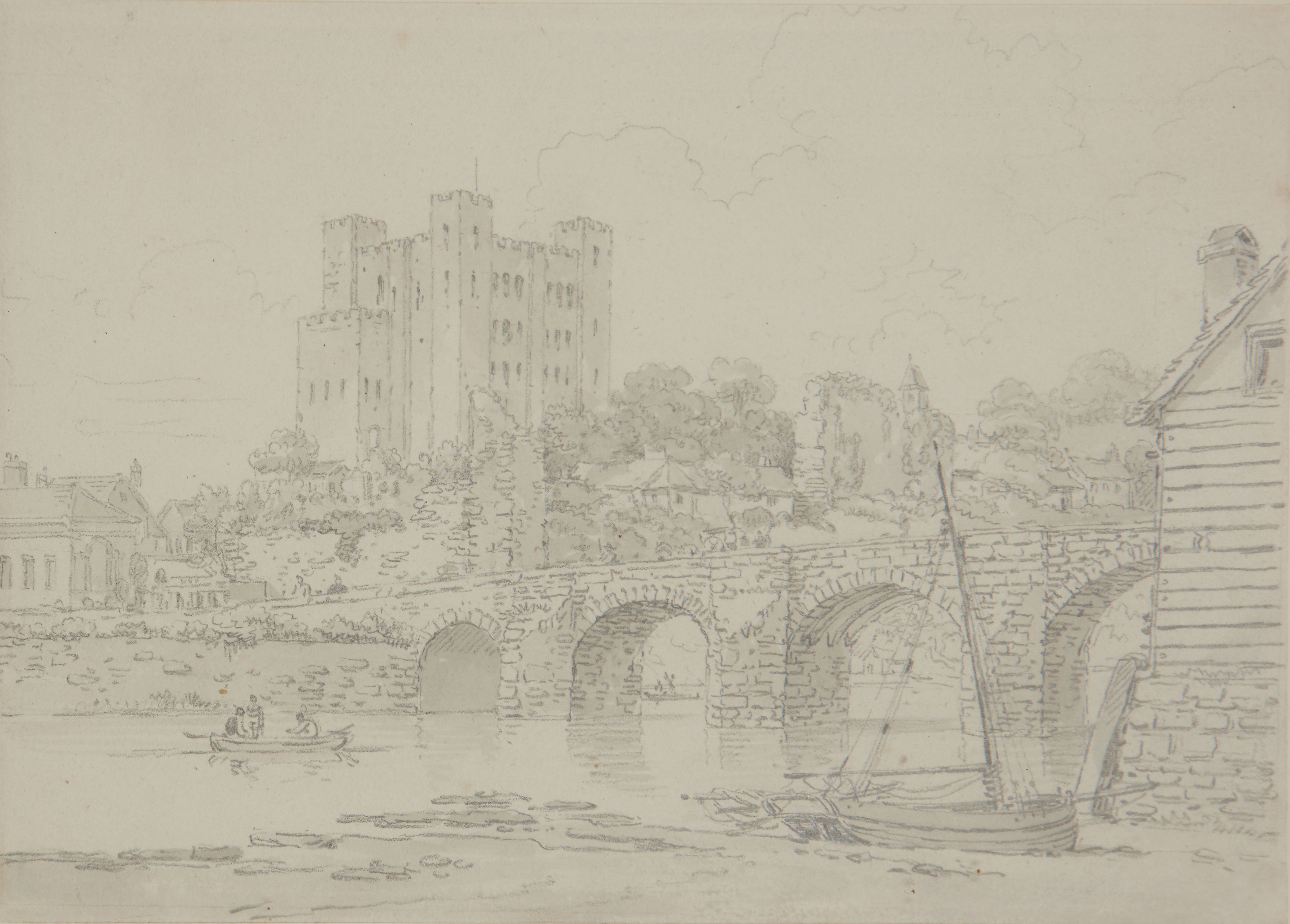 William Alexander,  British 1767-1816-  Rochester Castle from the River;  pencil and grey wash ...