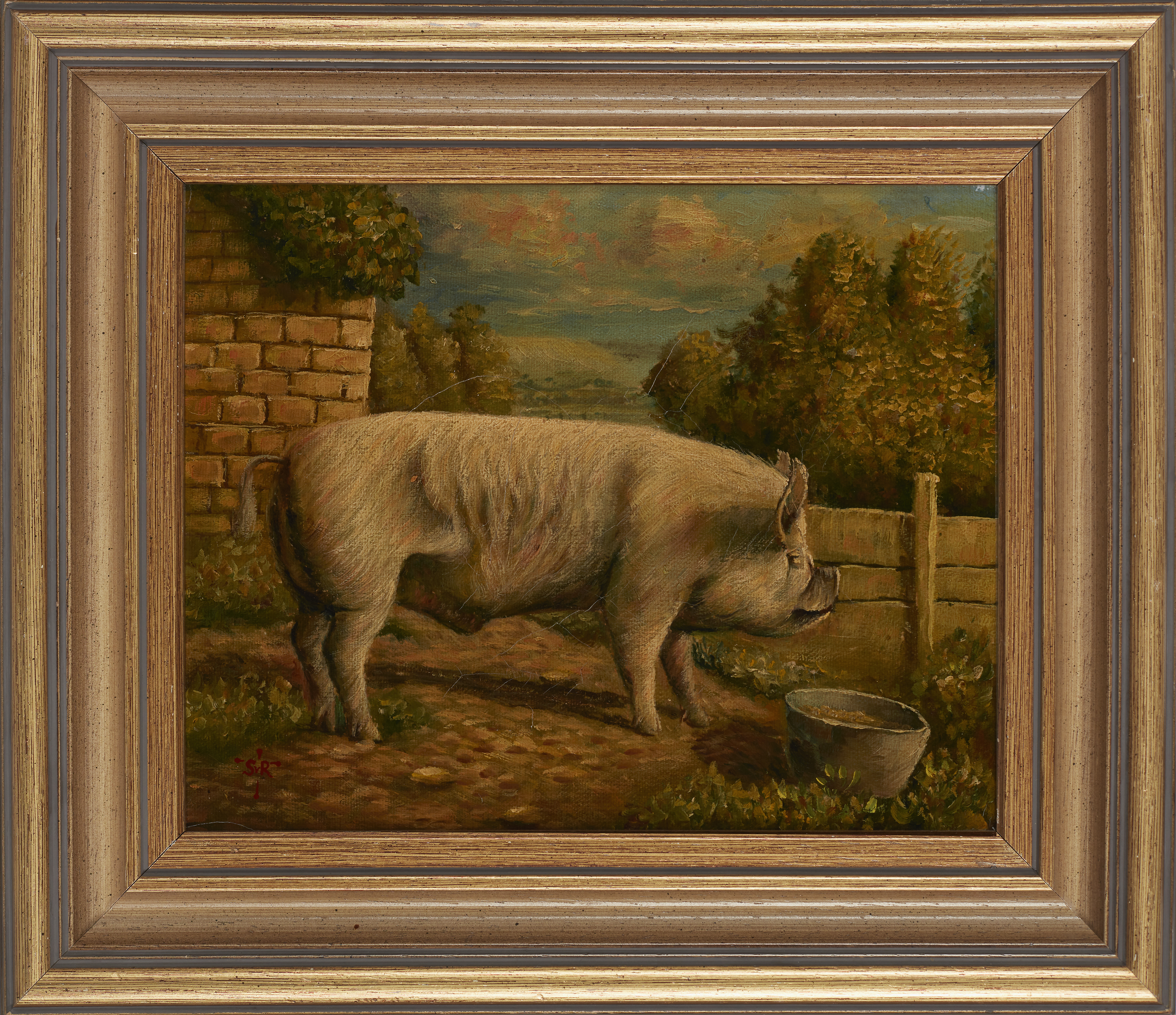 Norwich School,  20th century-  Pig in a yard;  oil on canvas, signed with the artist's monogra... - Image 2 of 3