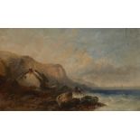 James Harlow,  British fl.1886-87-  A coastal landscape with two cottages and fishermen on the r...