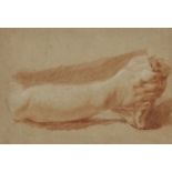 Circle of Jean-Baptiste Greuze,  French 1725-1805-  Study of an arm and hands;  red chalk heigh...