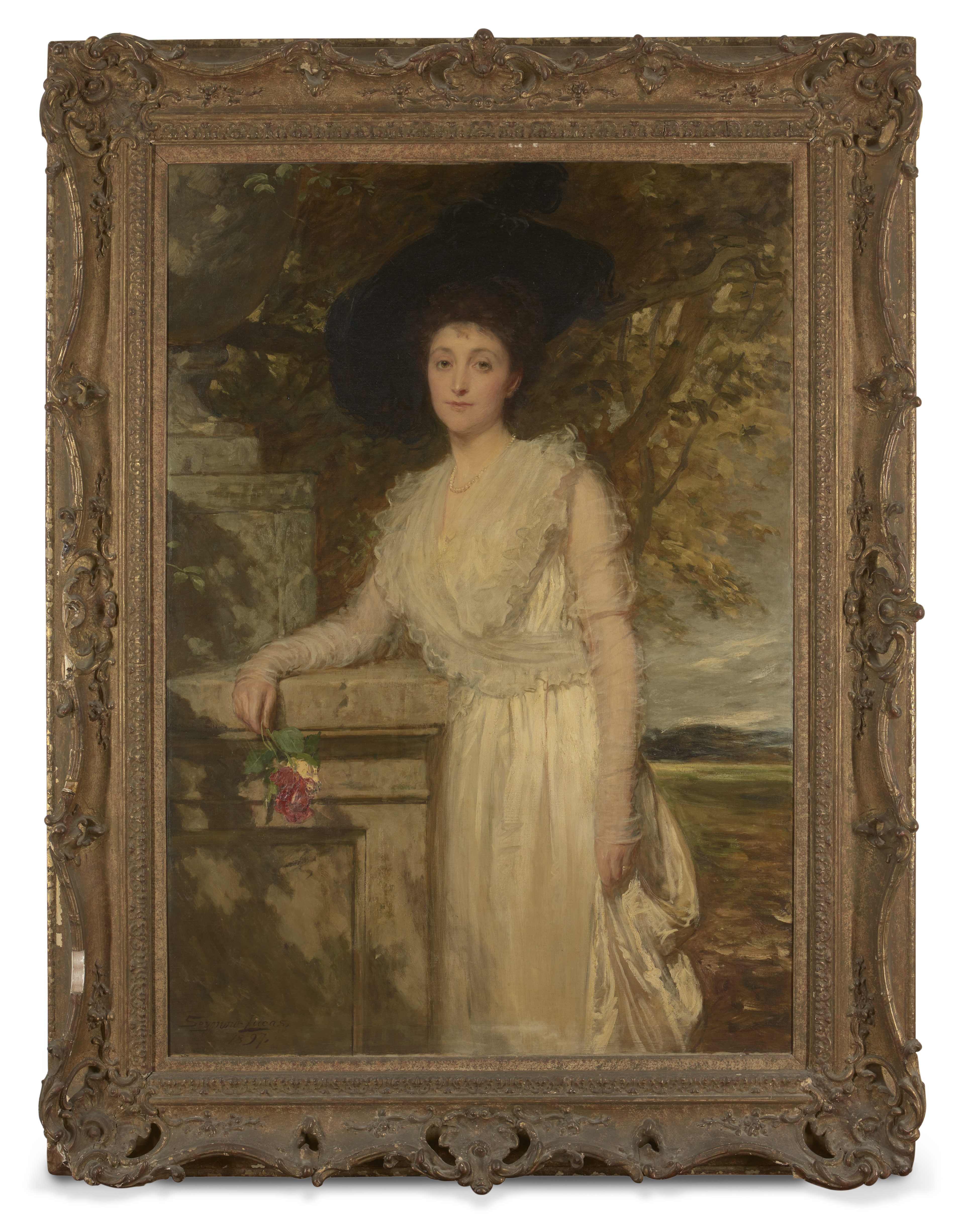 John Seymour Lucas, RA RI,  British 1849-1923-  Portrait of Mrs Arthur Tooth, standing three-qua... - Image 2 of 3