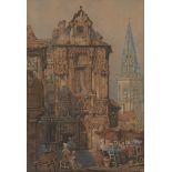 Circle of Samuel Prout, OWS,  British 1783-1852-  The Marketplace at Bruges;  watercolour heigh...