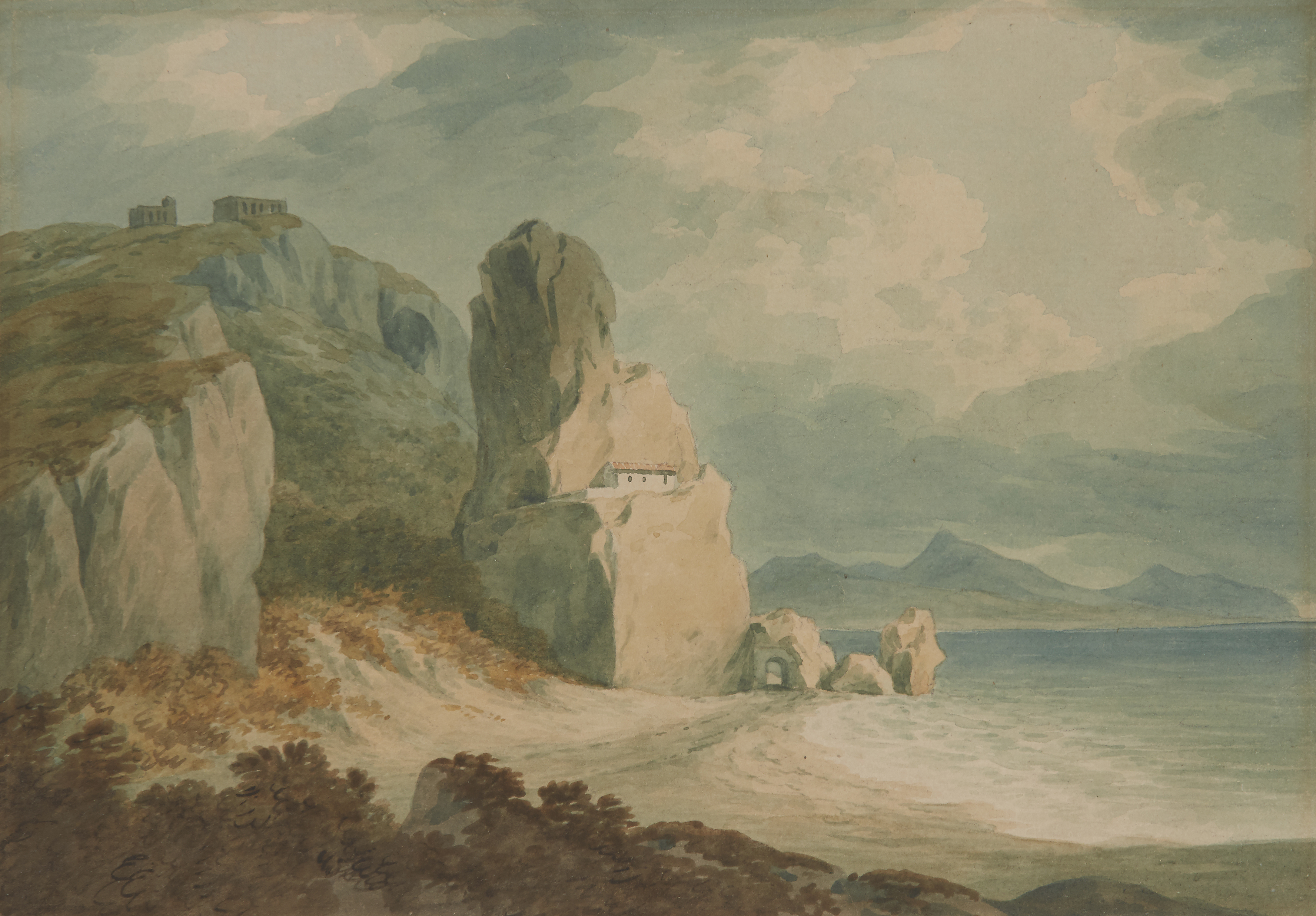 John 'Warwick' Smith,  British 1749-1831-  Port at Terracina, Italy;  pencil and watercolour on...