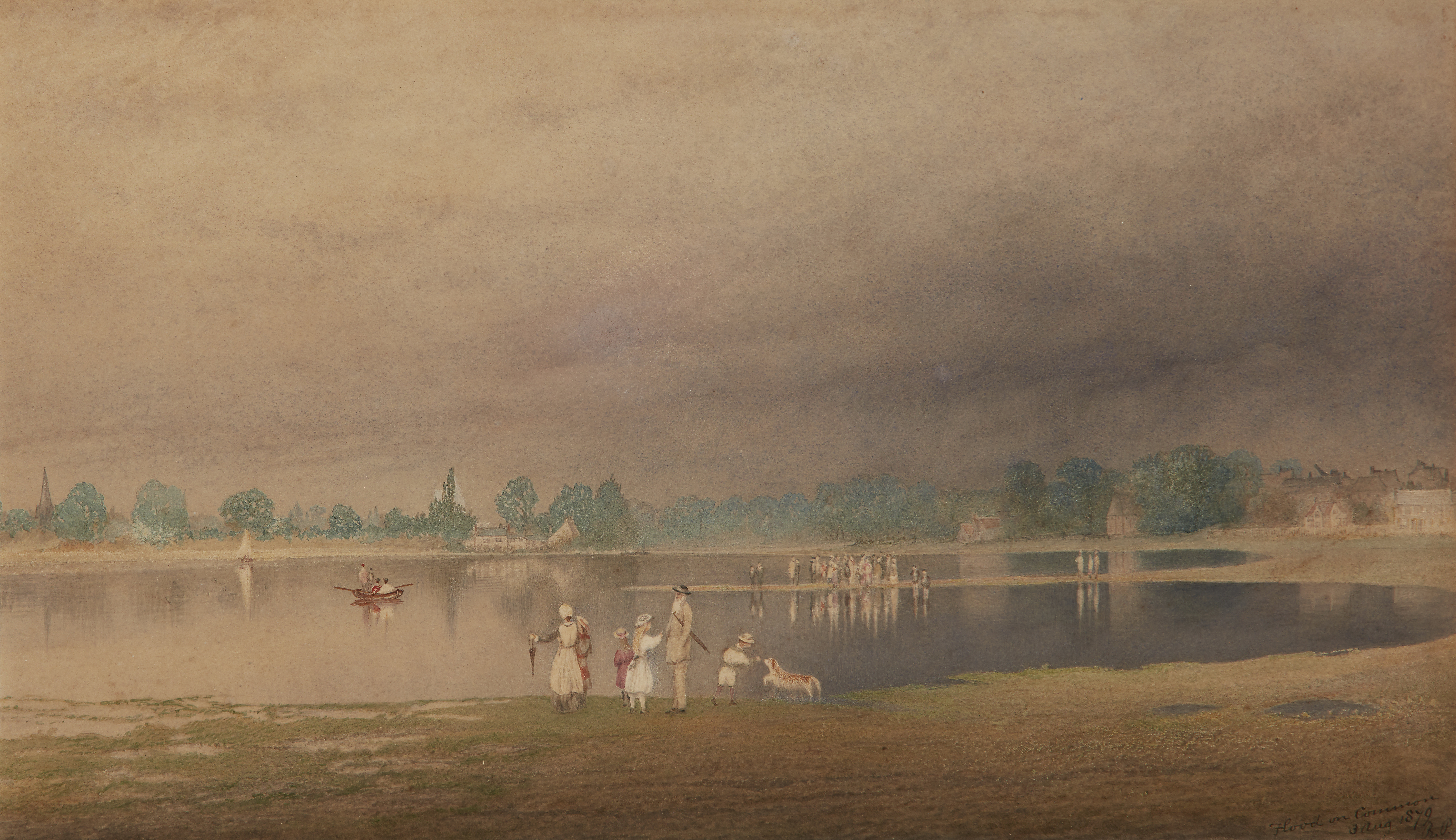 British School,  mid-late 19th century-  Flood on the Common;  watercolour heightened with scra...