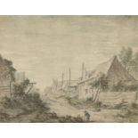 Pieter Molyn,  Dutch 1595-1661-  A Village street with two figures;  black chalk and watercolou...