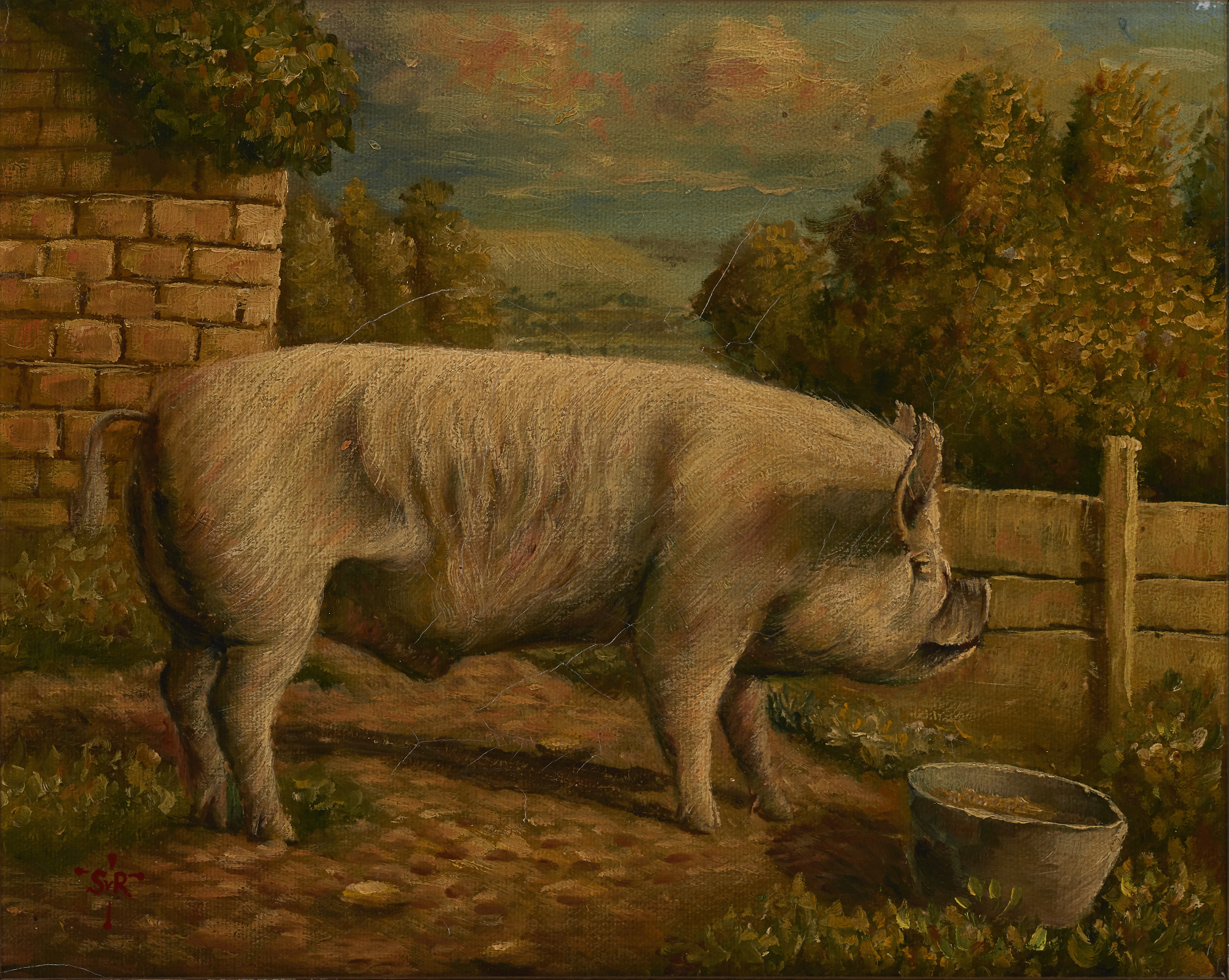 Norwich School,  20th century-  Pig in a yard;  oil on canvas, signed with the artist's monogra...