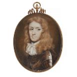 Richard Gibson,  English 1615-1690-  A portrait miniature of a young gentleman wearing plate arm...