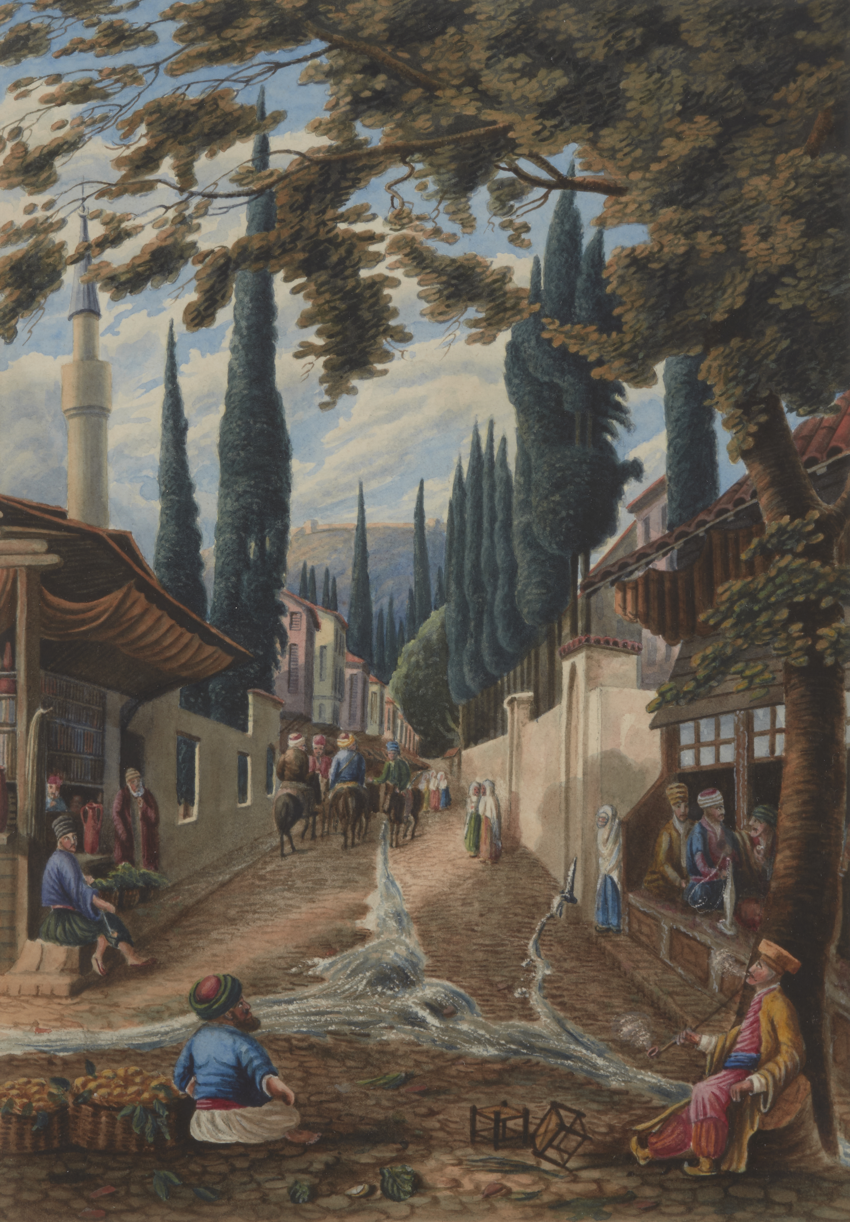 Turkish School,  19th century-  A tree-lined street scene with figures and horses, a mountainous...