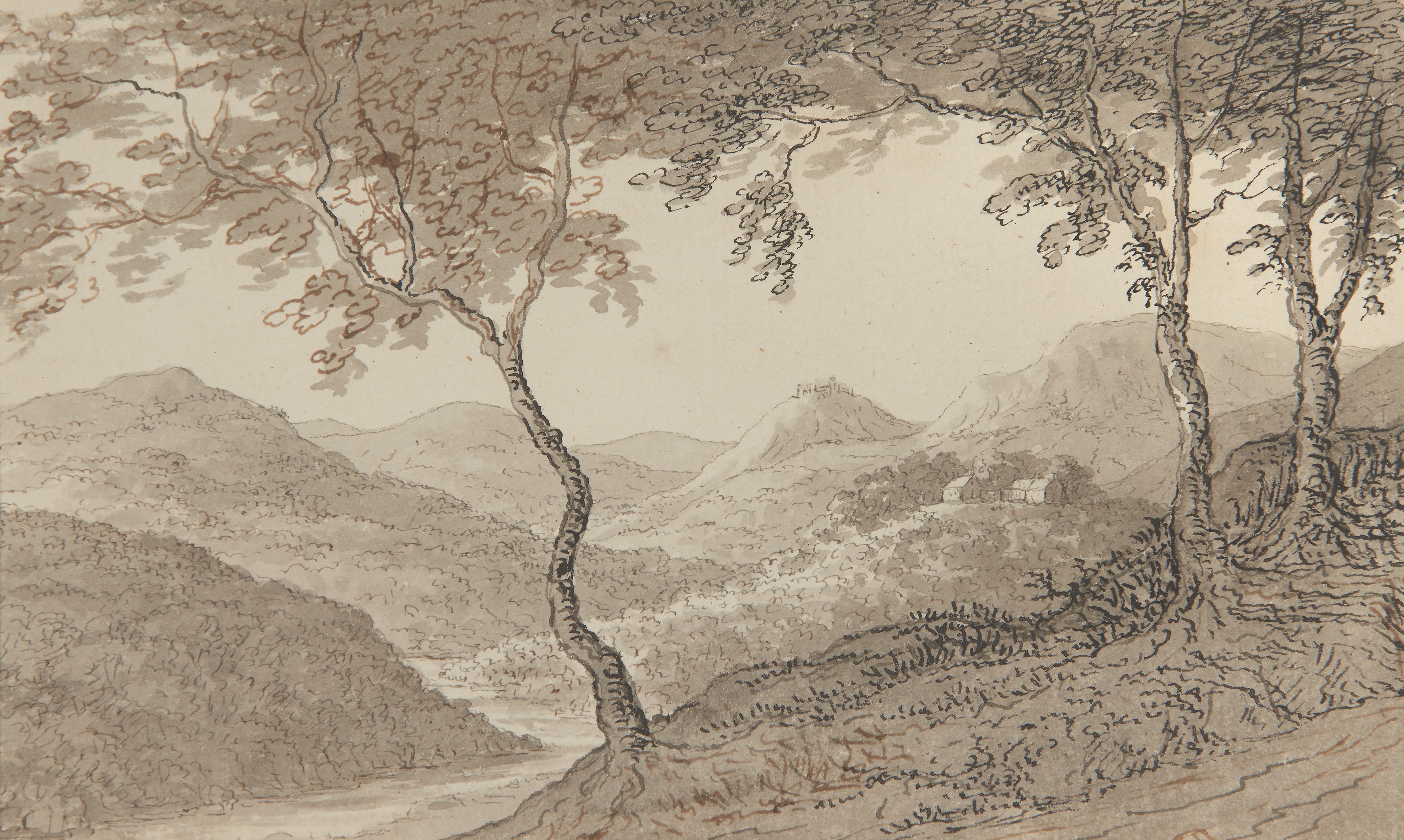 Paul Sandby, RA,  British 1731-1809-  The Dingle near Wynnstay, Denbighshire;  pen and ink and ...