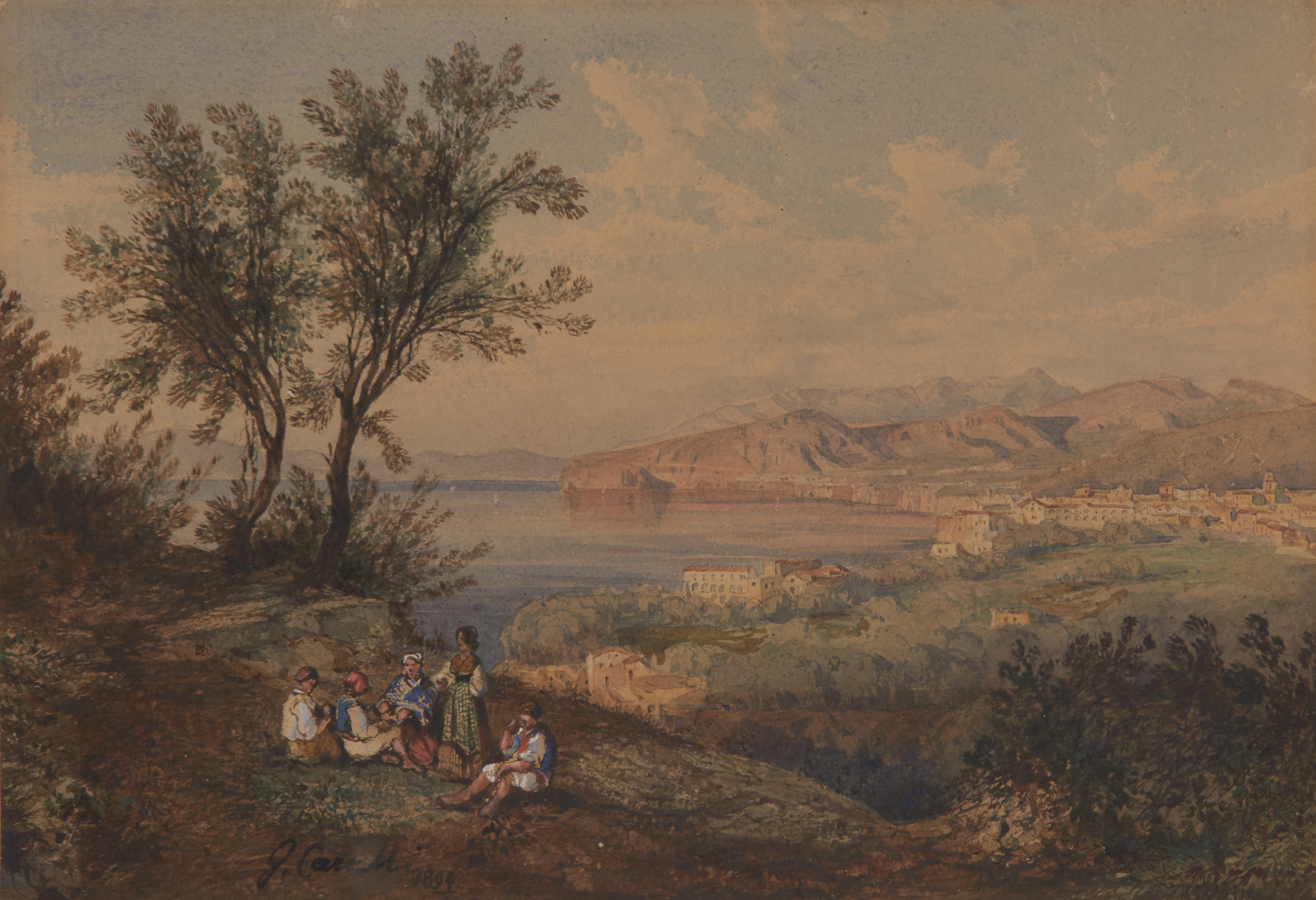 Consalvo Carelli,  Italian 1818-1900-  View of the Bay of Sorrento from Massa Lubrense with peas...