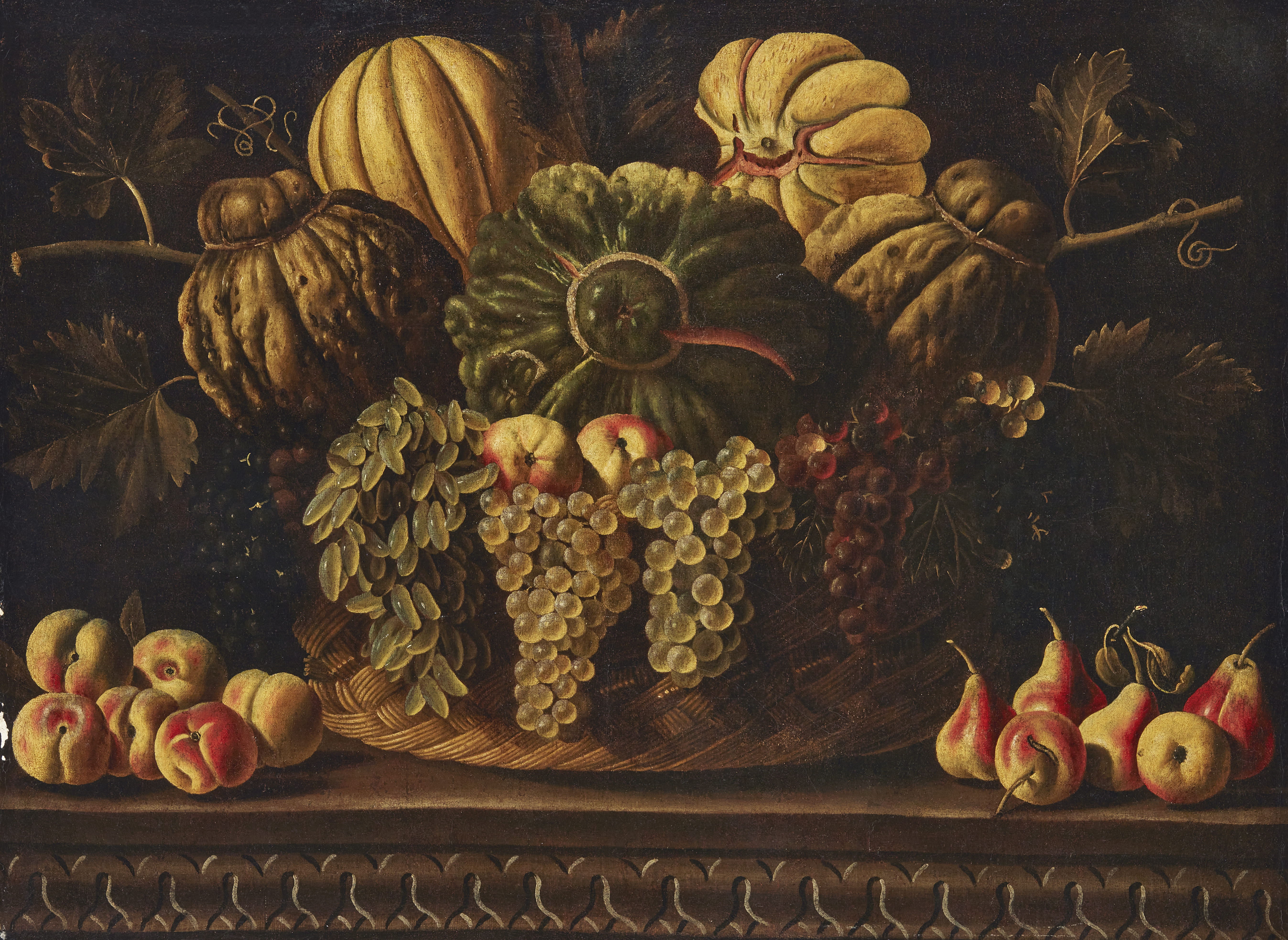 Circle of Bonzi Pietro Paolo,  Italian 1576-1636-   Still life with a basket of pumpkins, melons...