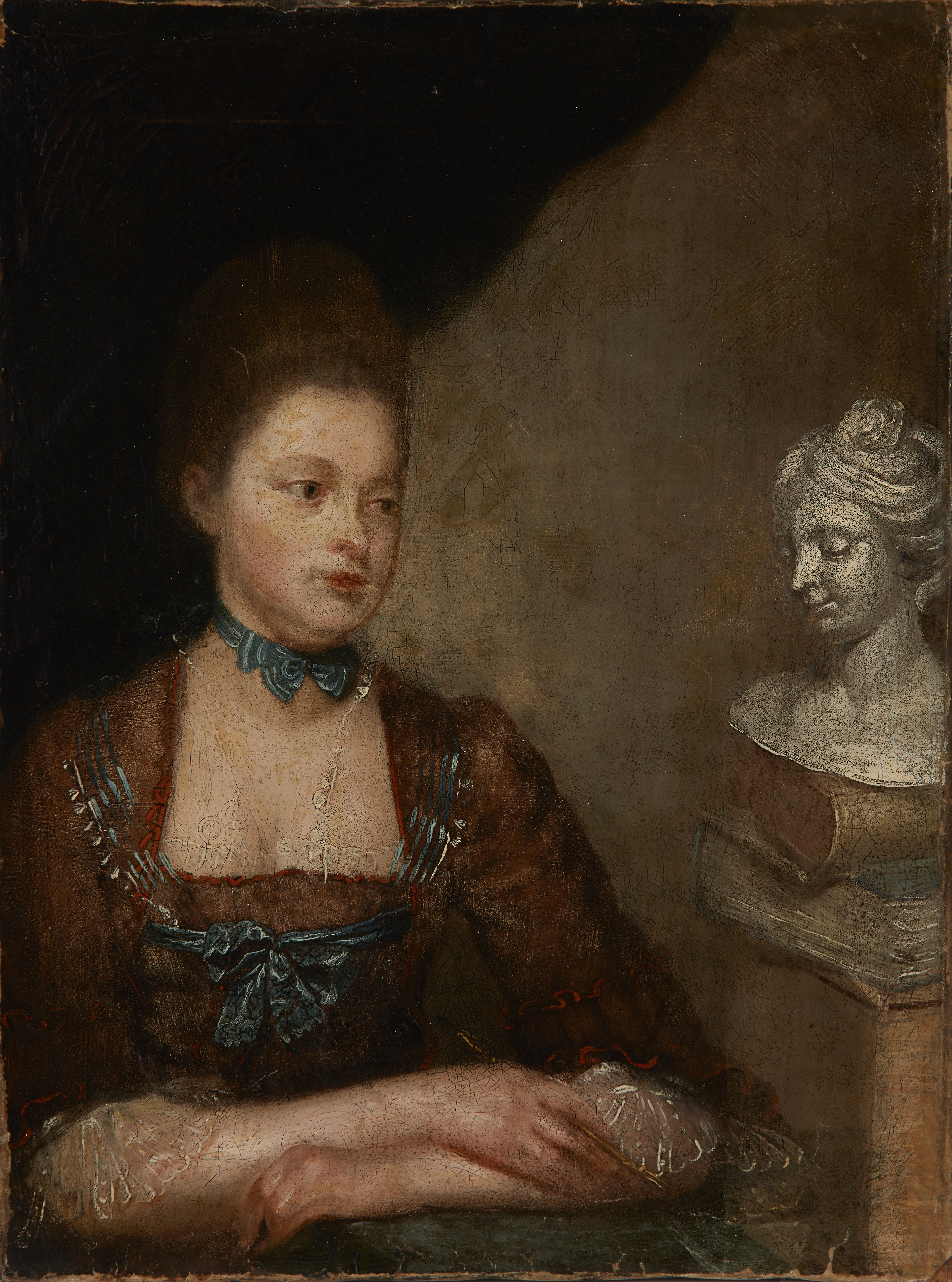 Austrian School [?],  late 18th century-  Portrait of a lady, possibly a writer, holding a pen, ...