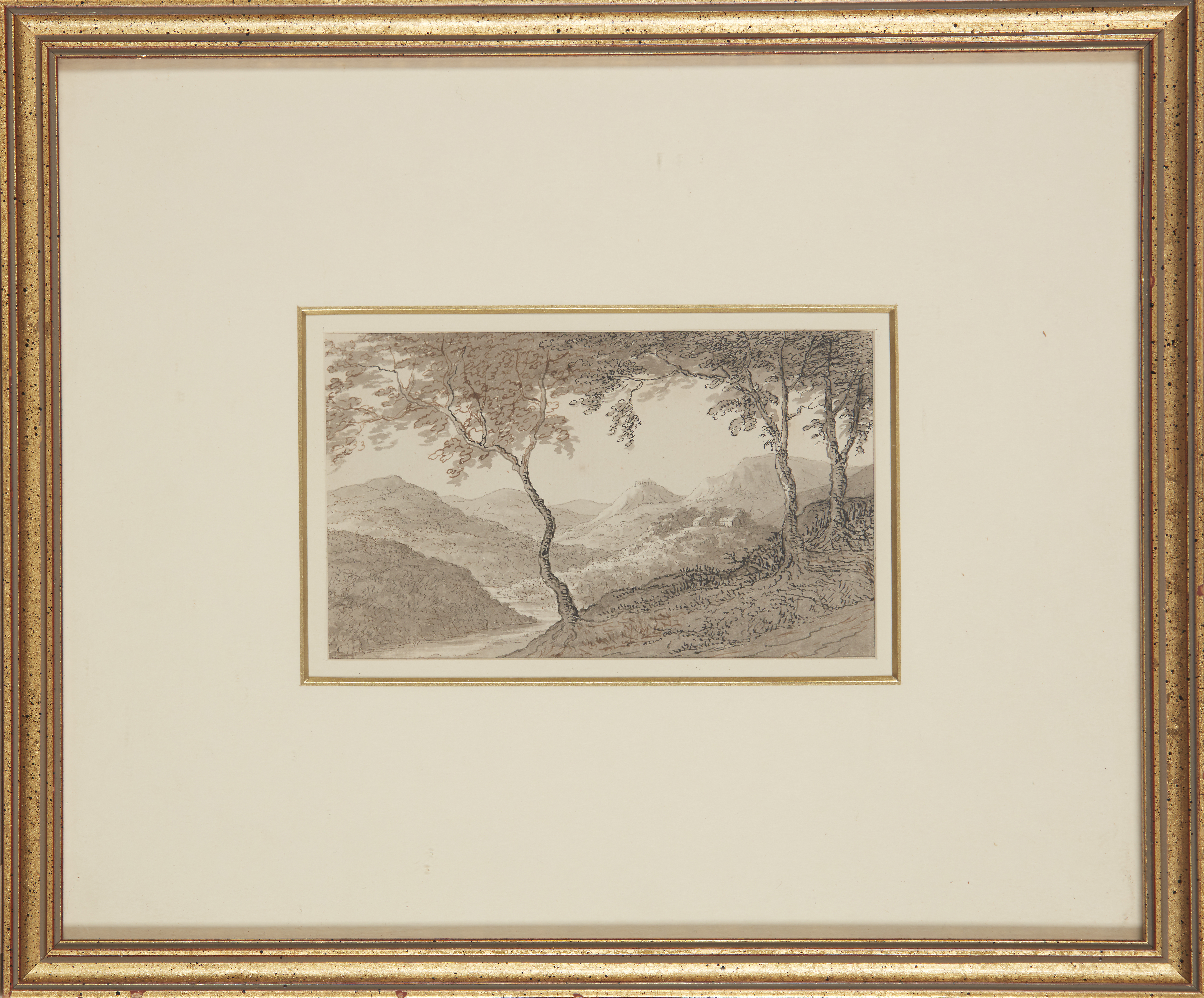 Paul Sandby, RA,  British 1731-1809-  The Dingle near Wynnstay, Denbighshire;  pen and ink and ... - Image 2 of 2