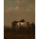 Circle of Philips Wouwerman,  Dutch 1619-1668-  Two horses in a landscape;  oil on panel, bears...