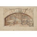 European School,  18th century-  Workshop under an arch;  pen, black ink, and brown wash height...