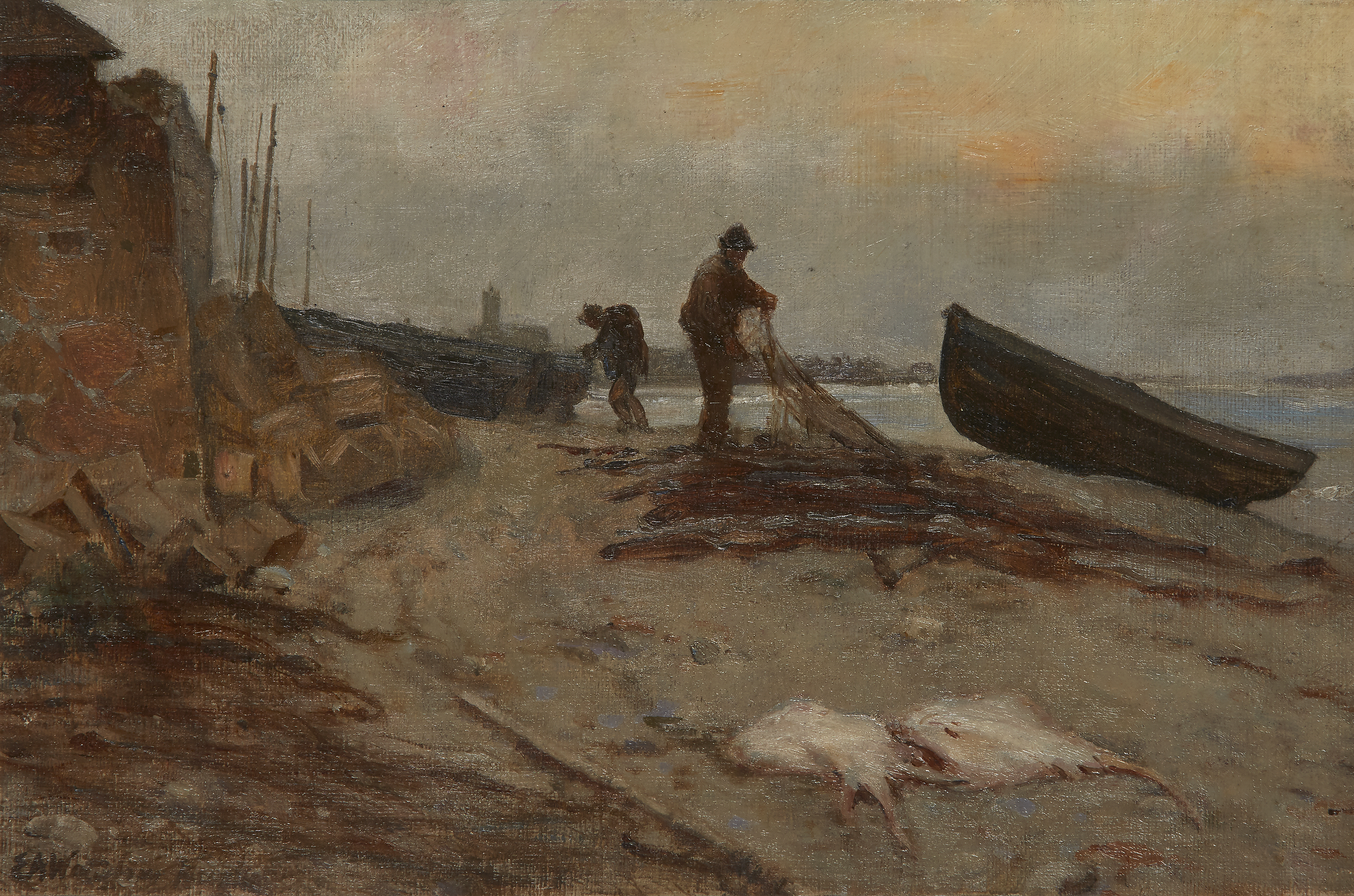 Sir Ernest Albert Waterlow, RA, ROI,  British 1850-1919-  Preparing the nets;  oil on canvas la...