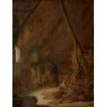 Adriaen Jansz. van Ostade,  Dutch 1610-1685-  The Interior of a barn, with two peasants by a fir...