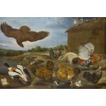 Paul de Vos,  Flemish 1596-1678-  Hens, cockerels, ducks and chicks by a hen-house with a bird o...