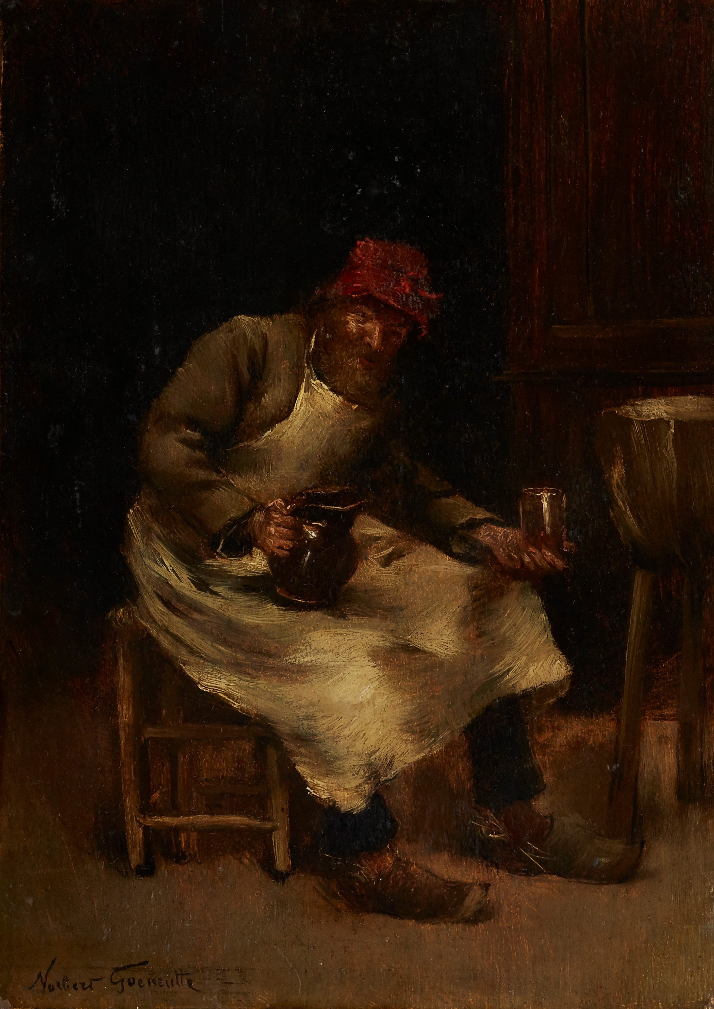 Norbert Goeneutte,  French 1854-1894-  A seated man, wearing a red hat and white apron, holding ...