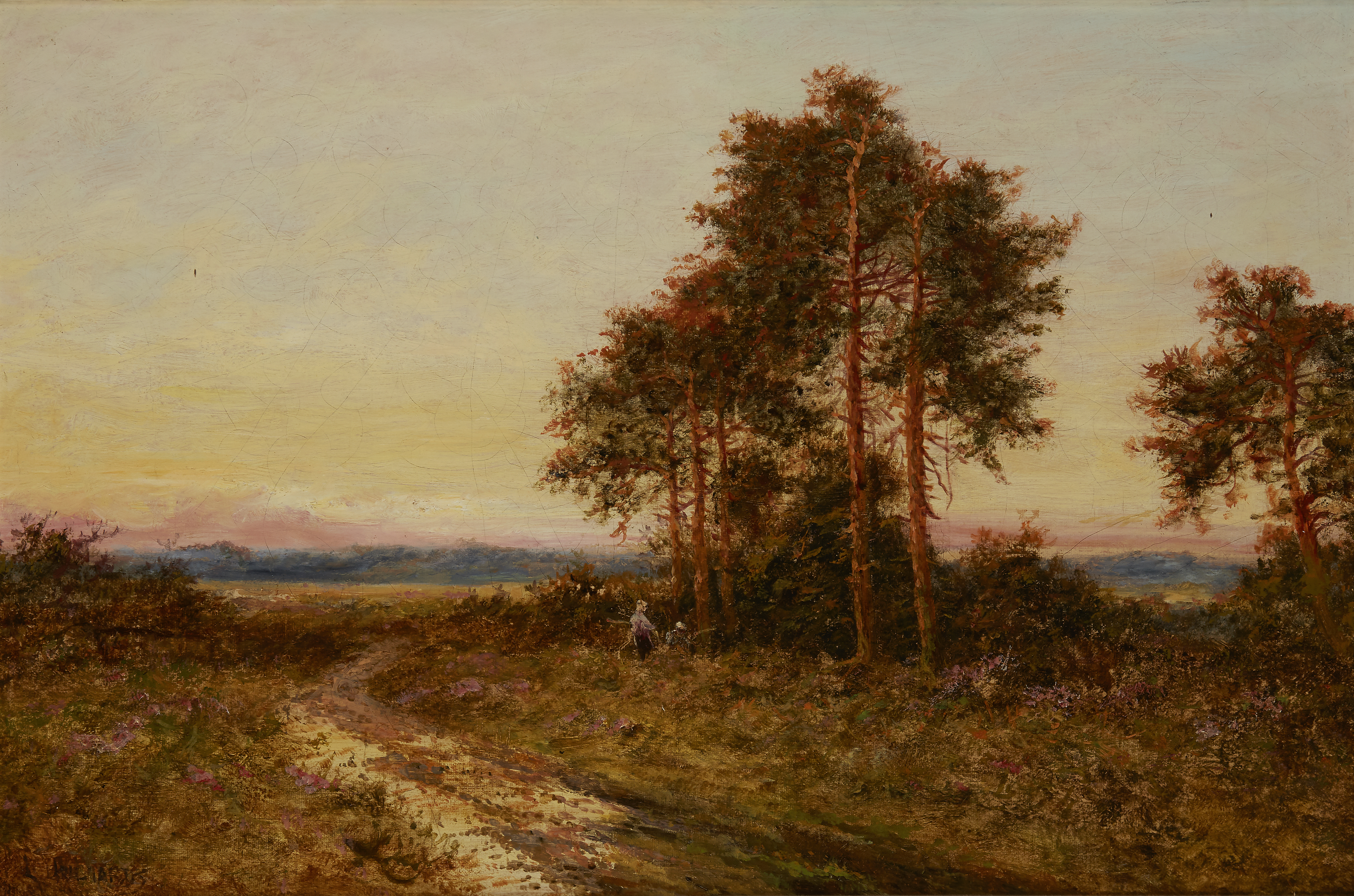 Daniel Sherrin,  British 1868-1940-  A wooded landscape at sunrise, with two figures by a path; ...