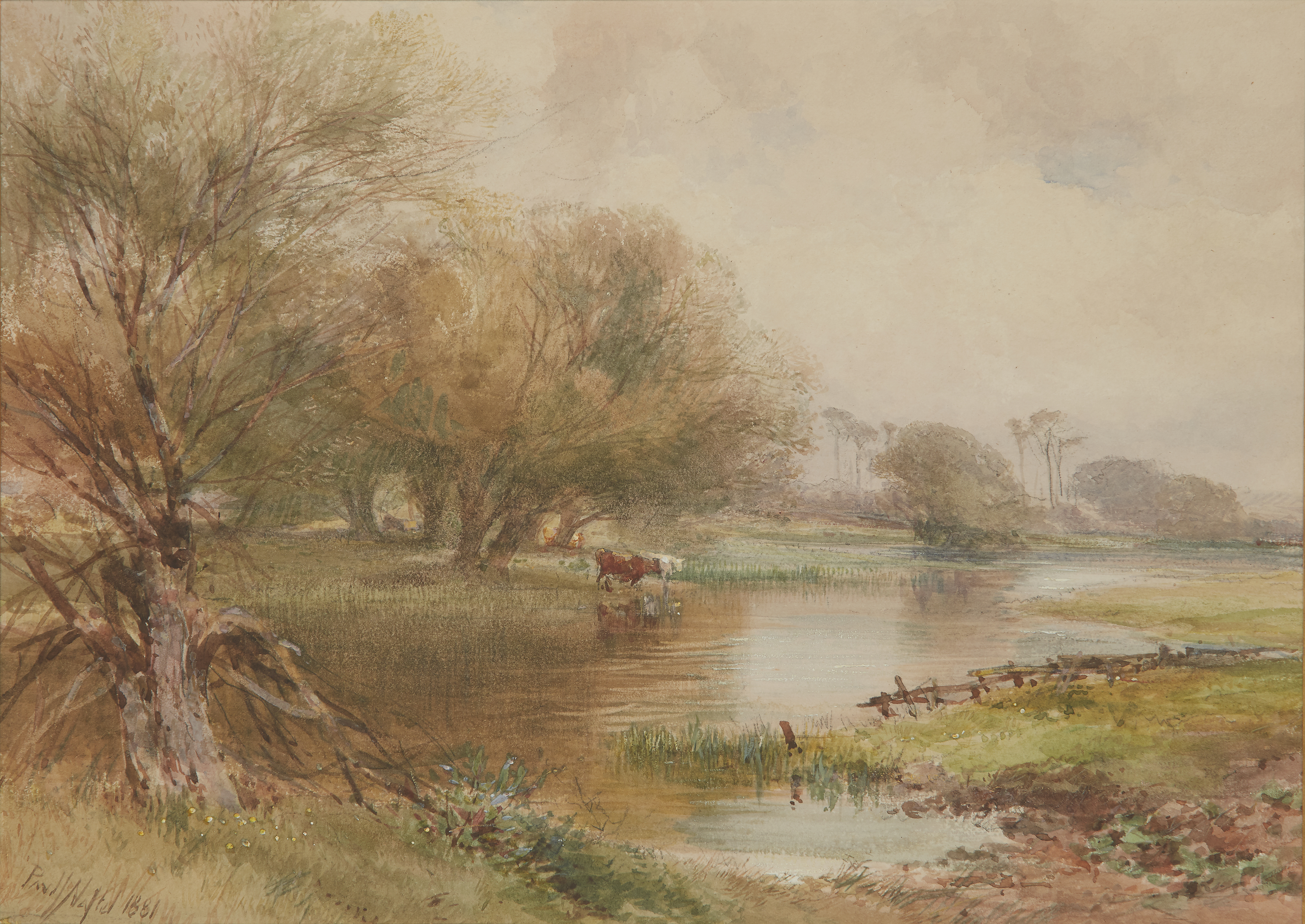 Paul Jacob Naftel, RWS,  British 1817-1891-  A wooded river landscape with cattle watering;  pe...