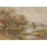 Paul Jacob Naftel, RWS,  British 1817-1891-  A wooded river landscape with cattle watering;  pe...