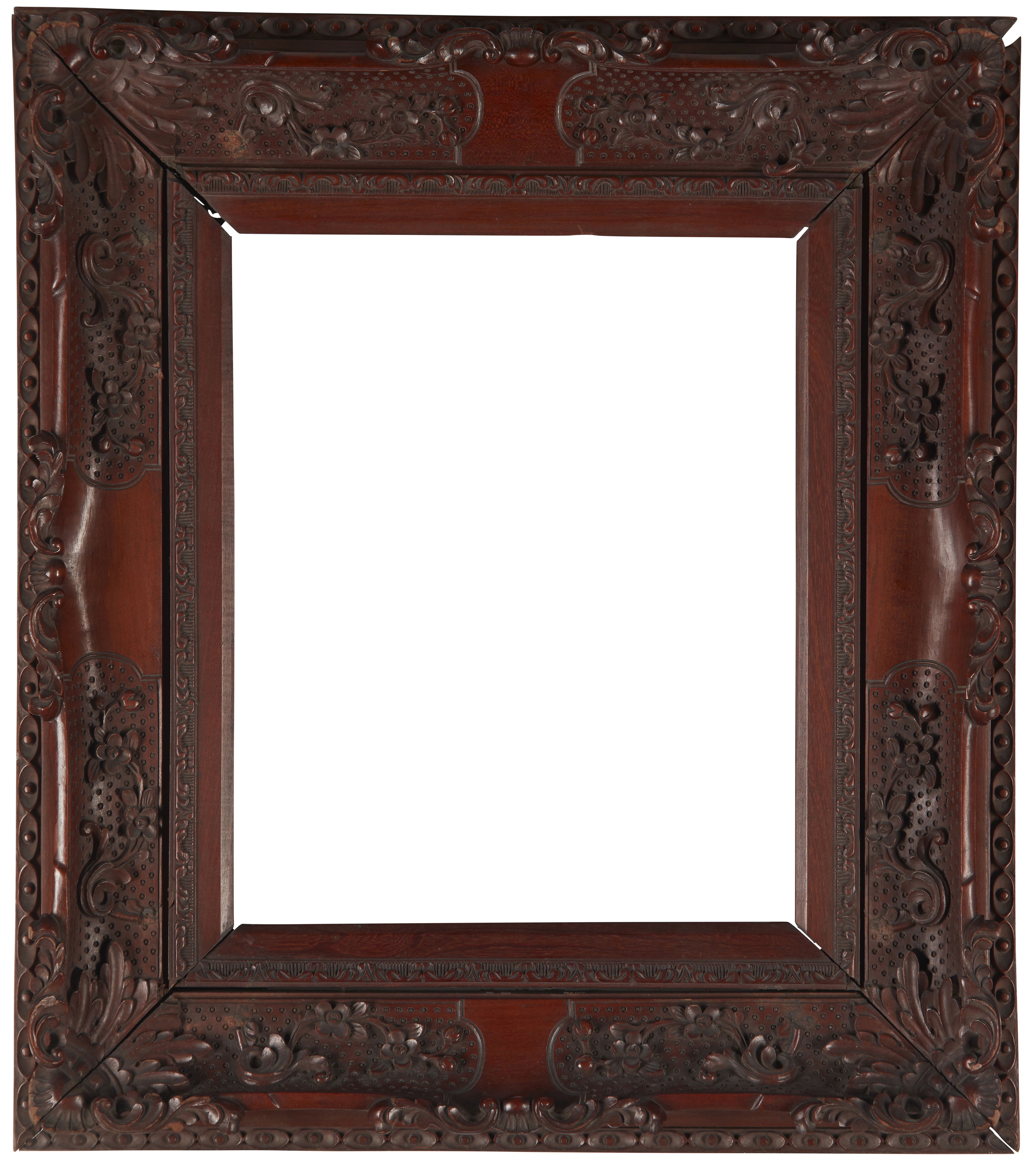 A Chinese Carved Hardwood Frame,  mid 19th century-  with wedge sight, leaf course, the punched...