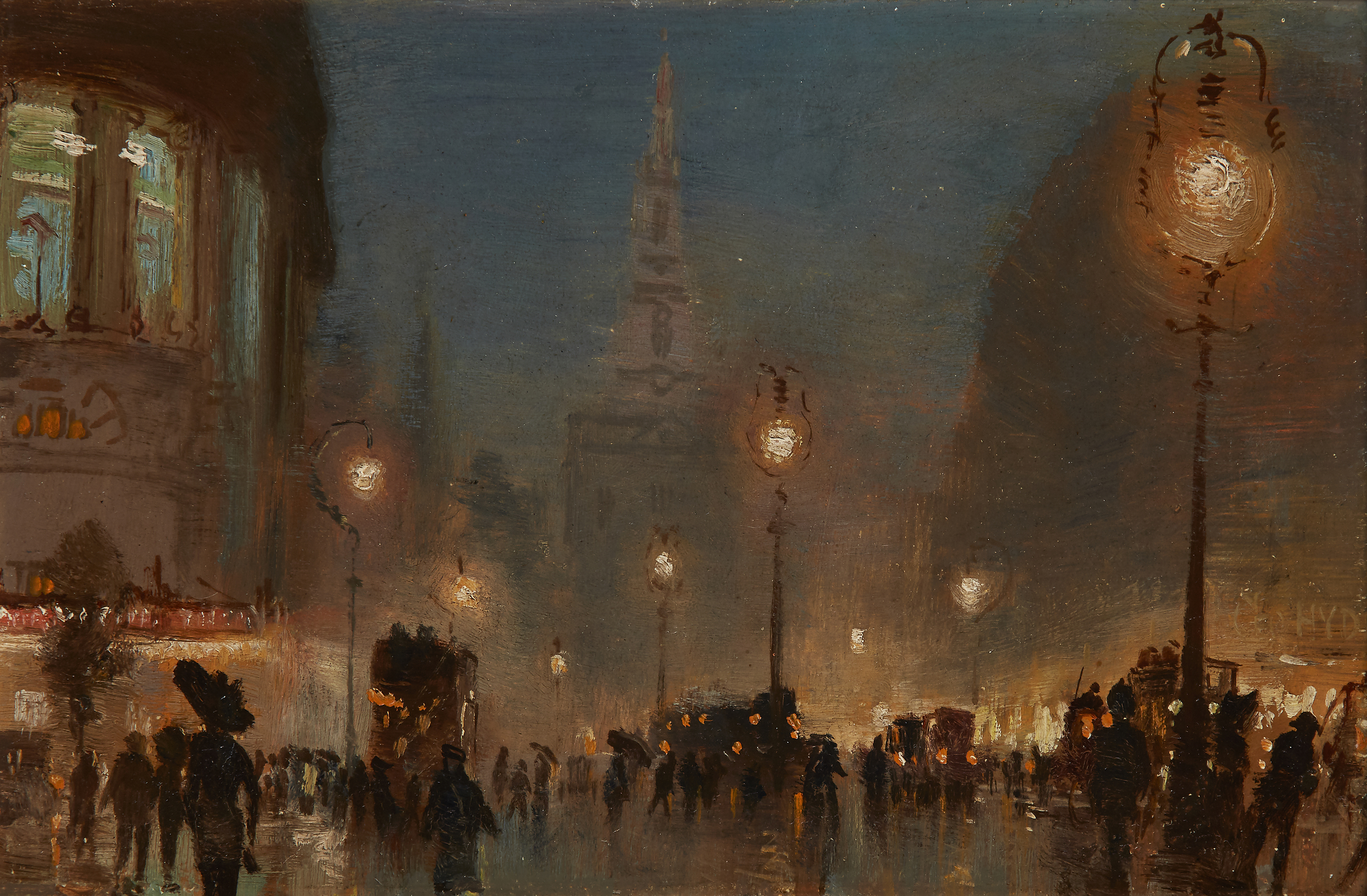 George Hyde Pownall,  British 1866-1932-  Gaiety Theatre, The Strand;  oil on board, signed Geo...