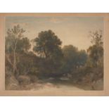 Edward Swinburne,  British 1765-1847-  A wooded river landscape with deer in a valley;  waterco...