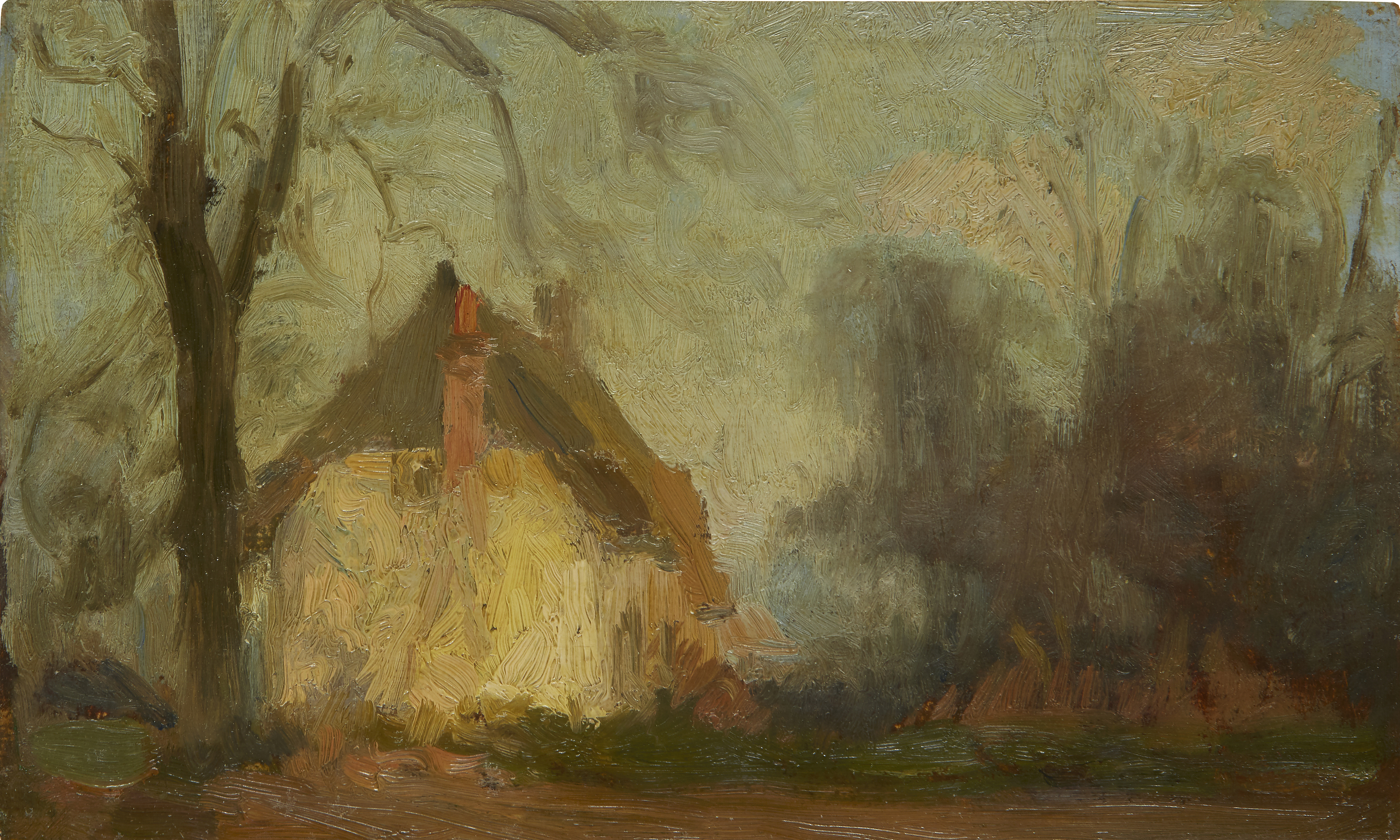 British Impressionist School,  late 19th century-  Evening view with a cottage in a wood;  oil ...