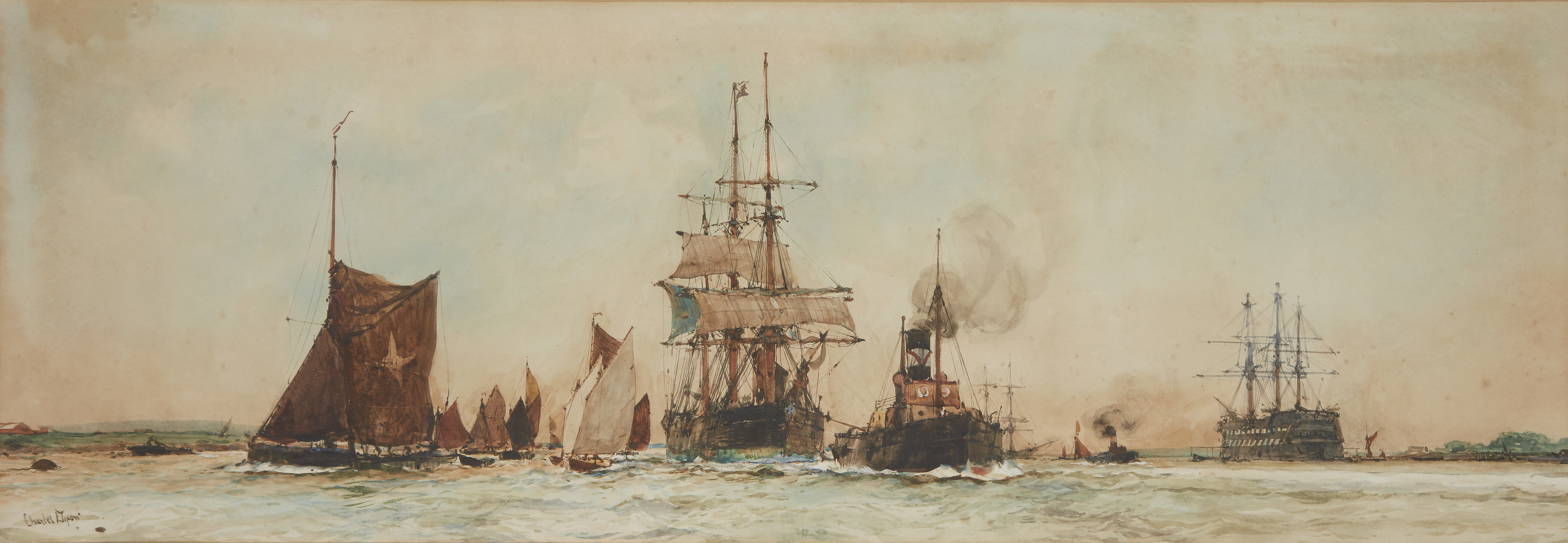 Charles Edward Dixon, RI,  British 1872-1934-  A Vokins' tug towing a three-masted merchantman u...