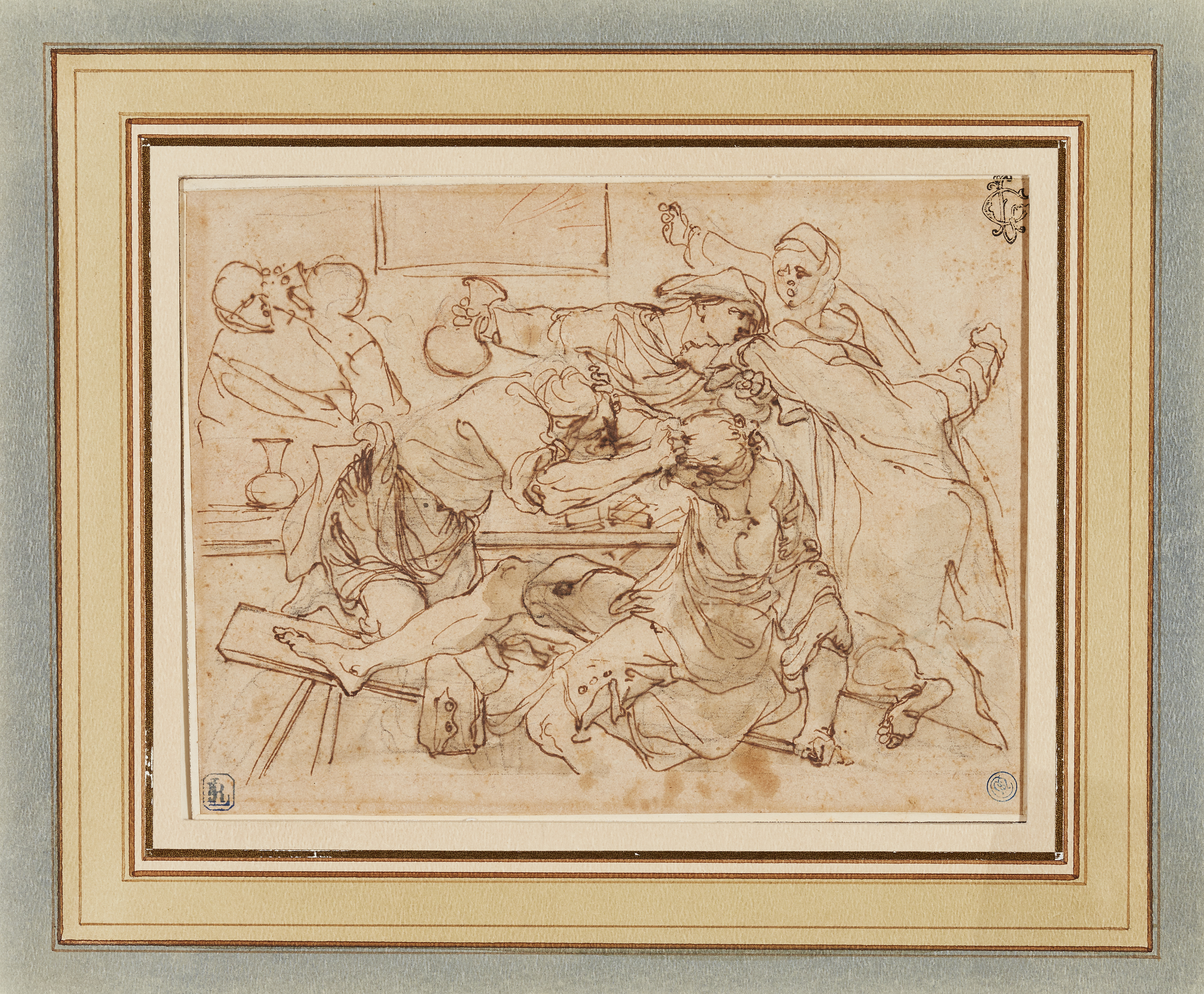 Gaetano Gandolfi,  Italian 1734-1802-  The Gamblers' Quarrel;  black and red chalk, pen and bro... - Image 2 of 4