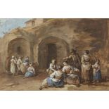 Giuseppe Zais,  Italian 1709-1784-  Gathering of village people outside a building;  bodycolour...