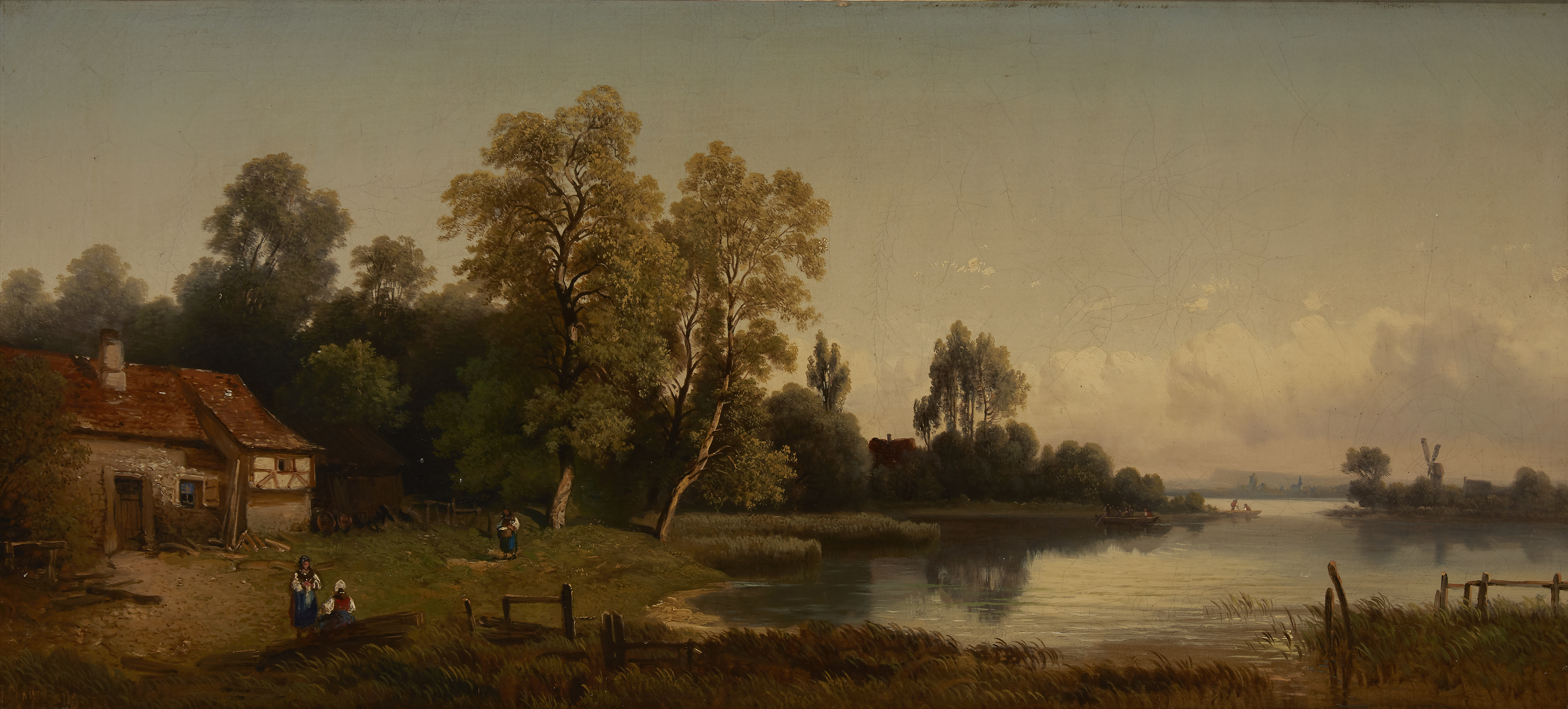 Julius Bayer,  German 1840-1883-  A river landscape with figures by a cottage;  oil on canvas, ...