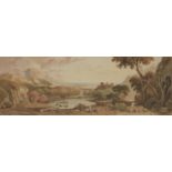 John Varley, OWS,  British 1778-1842-  An Arcadian landscape with figures, an aqueduct and a for...