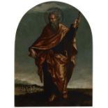 Manner of Girolamo Romanino,  Italian, late 17th / early 18th century-  St Thomas;  oil on copp...