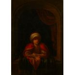 After Caspar Netscher,  Dutch 1639-1684-  Young Armenian leaning from a window;  oil on panel, ...
