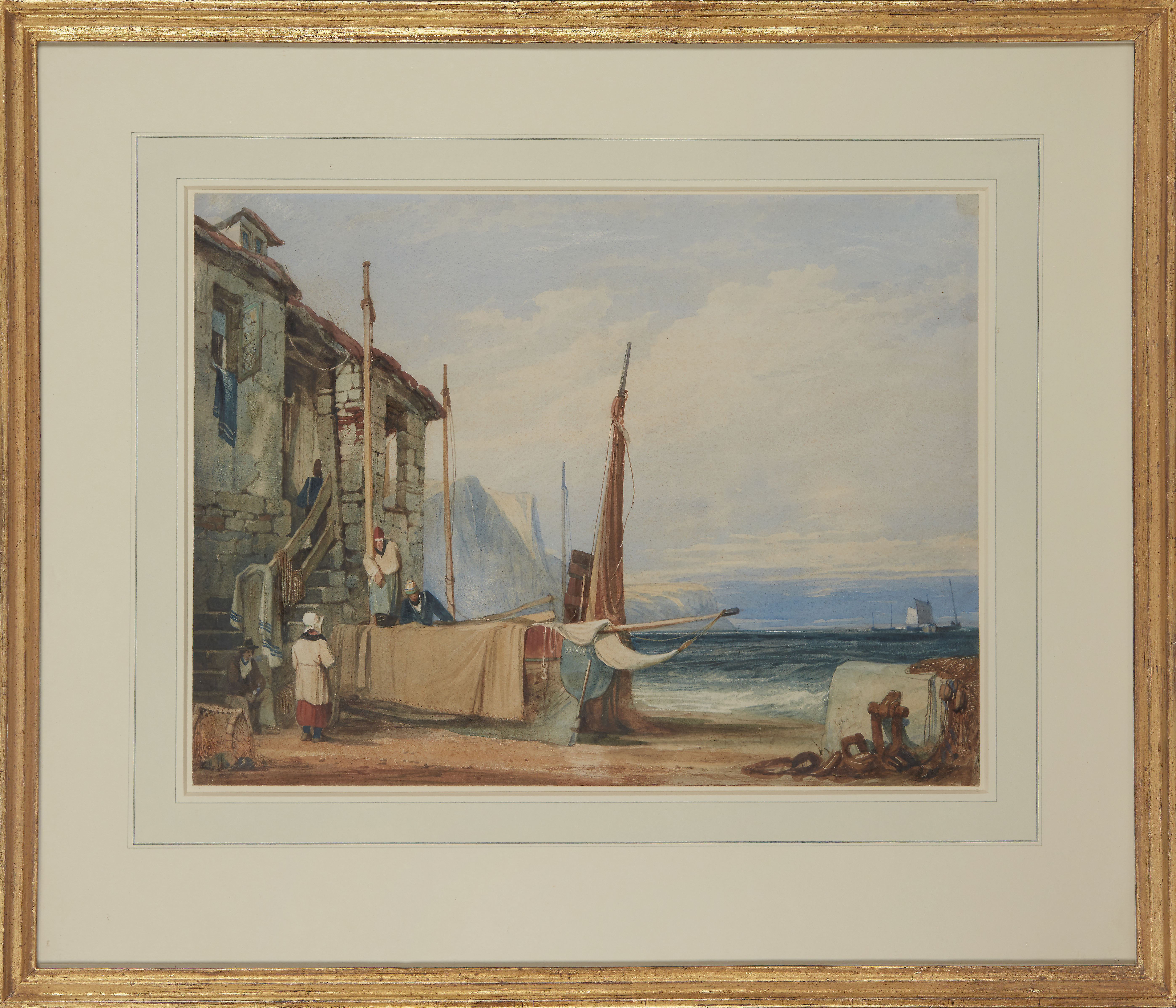 Samuel Prout, OWS,  British 1783-1852-  Fishermen mending sails;  watercolour heightened with w... - Image 2 of 2