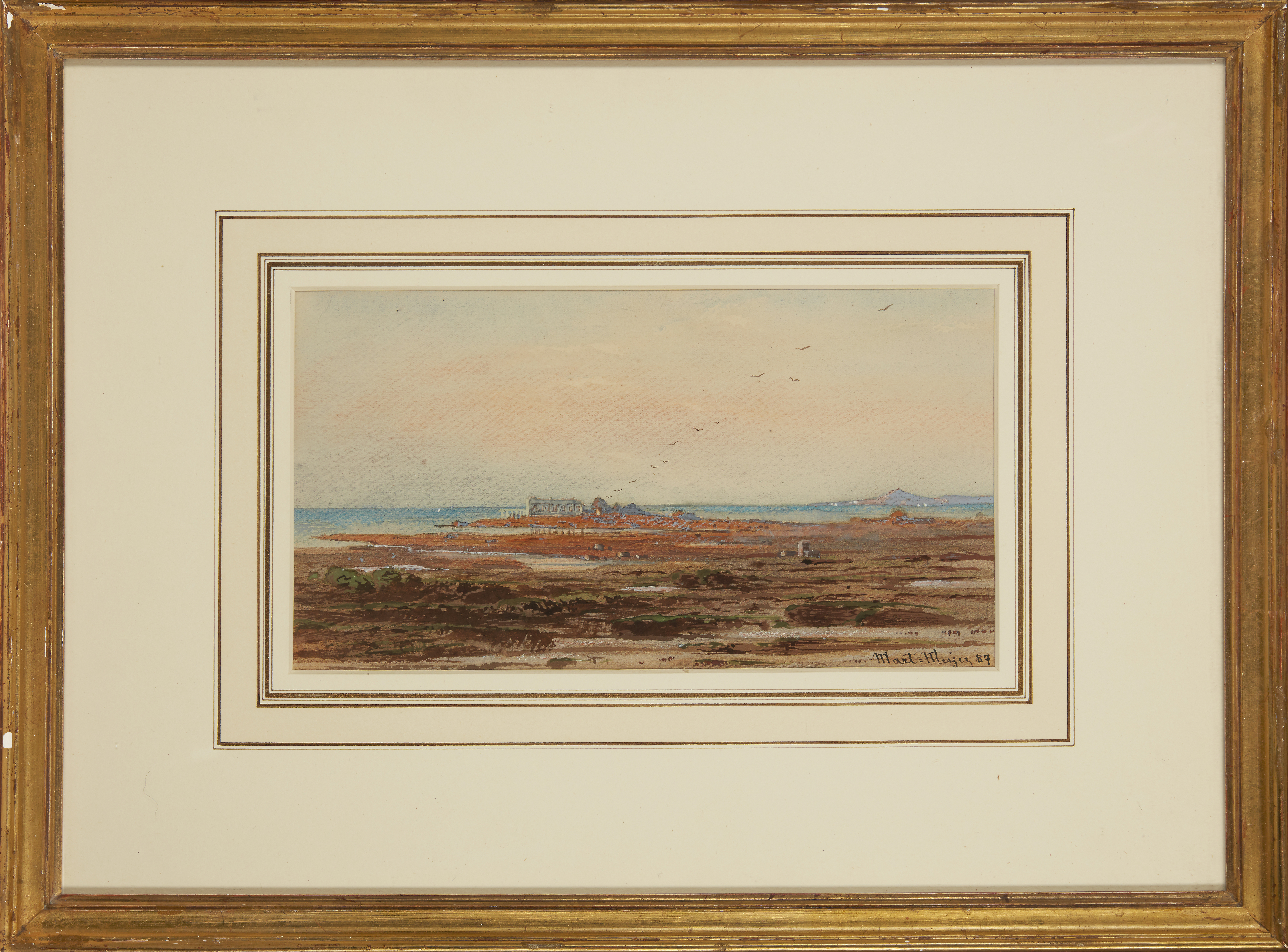 Martin Meyer,  Austrian 1821-1897-  A coastal view with a temple;  coloured chalk and watercolo... - Image 2 of 2