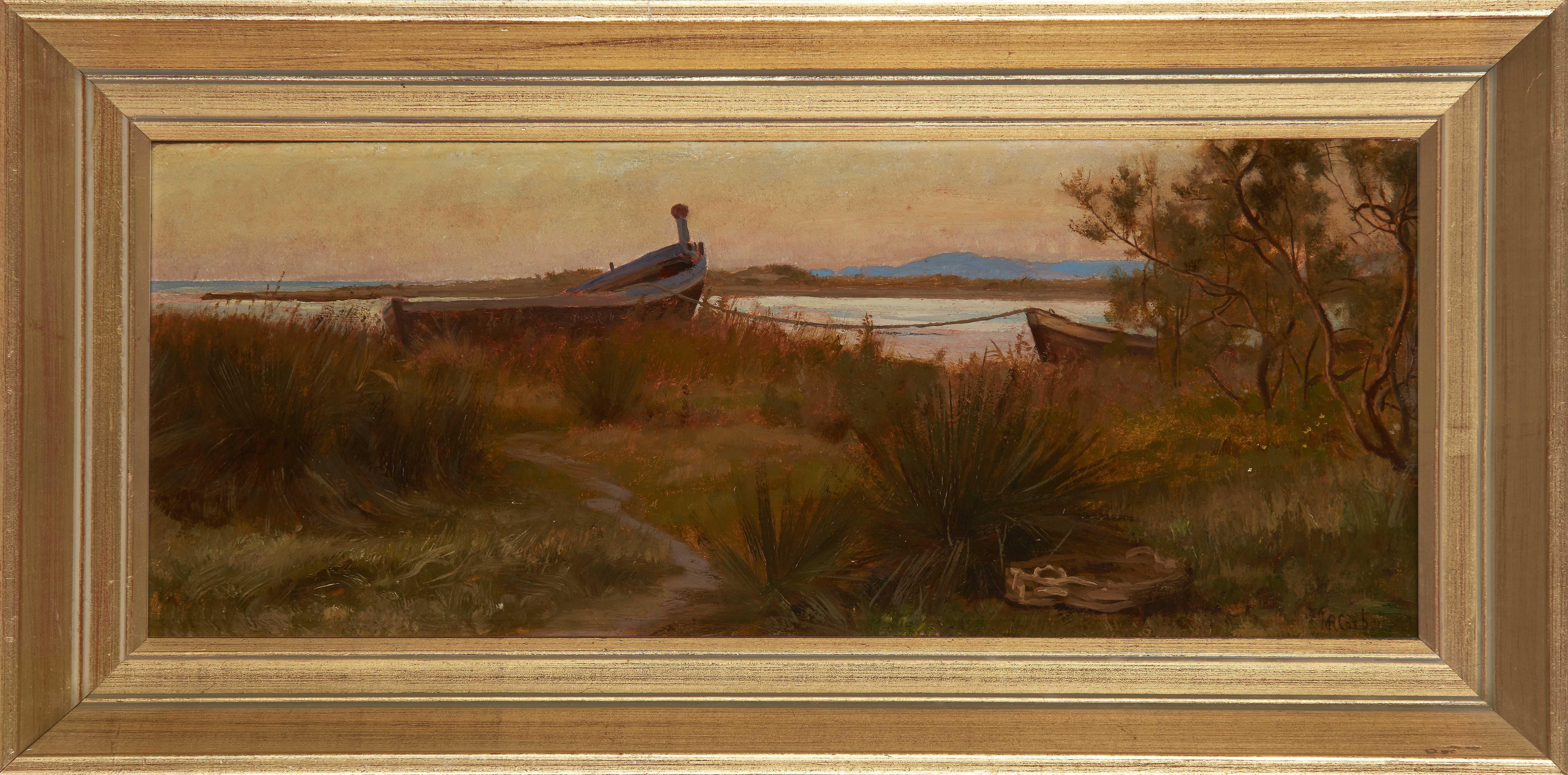 Matthew Ridley Corbet, ARA,  British 1850-1902-  Boats moored upon a shore at sunset;  oil on p... - Image 2 of 3