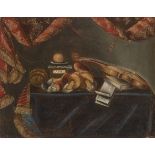 Lombard School,  late 17th century-  Still life with a violin, mushrooms, book, sheet music, and...