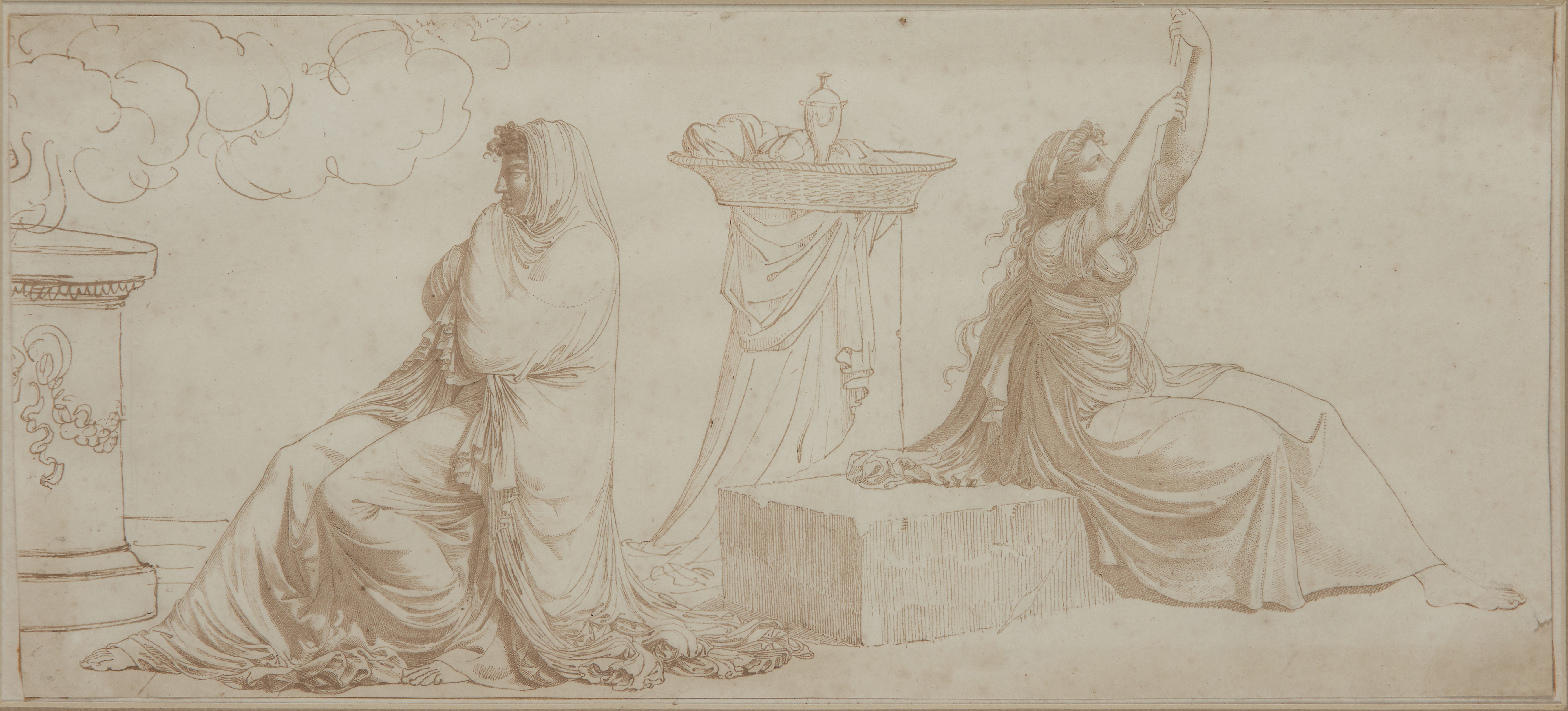 French School,  late 18th / early 19th century-  Two Grecian women;  pen and brown ink on paper...