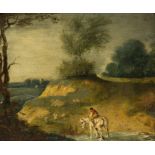 George Morland,  British 1763-1804-  A horse and rider in a stream, an extensive landscape beyon...