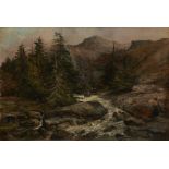 John Swinton Spooner,  British, mid-late 19th century-  A wooded river mountainous landscape in ...