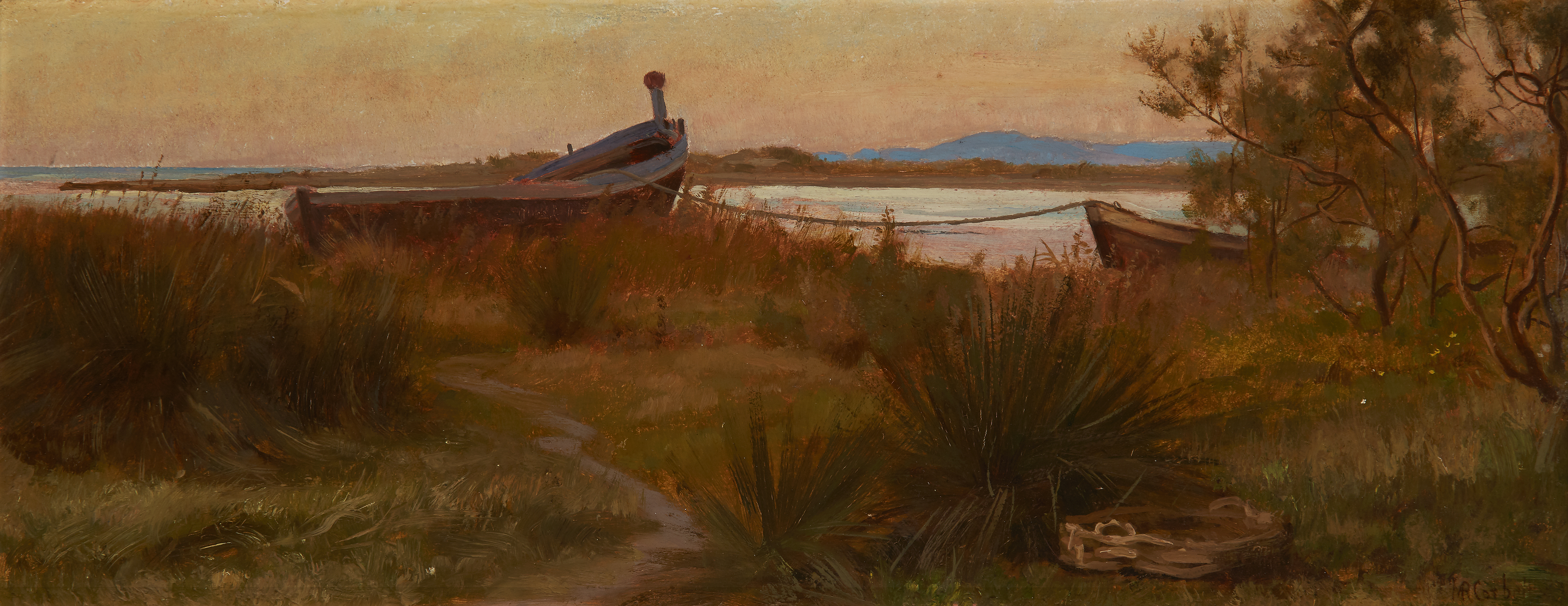 Matthew Ridley Corbet, ARA,  British 1850-1902-  Boats moored upon a shore at sunset;  oil on p...