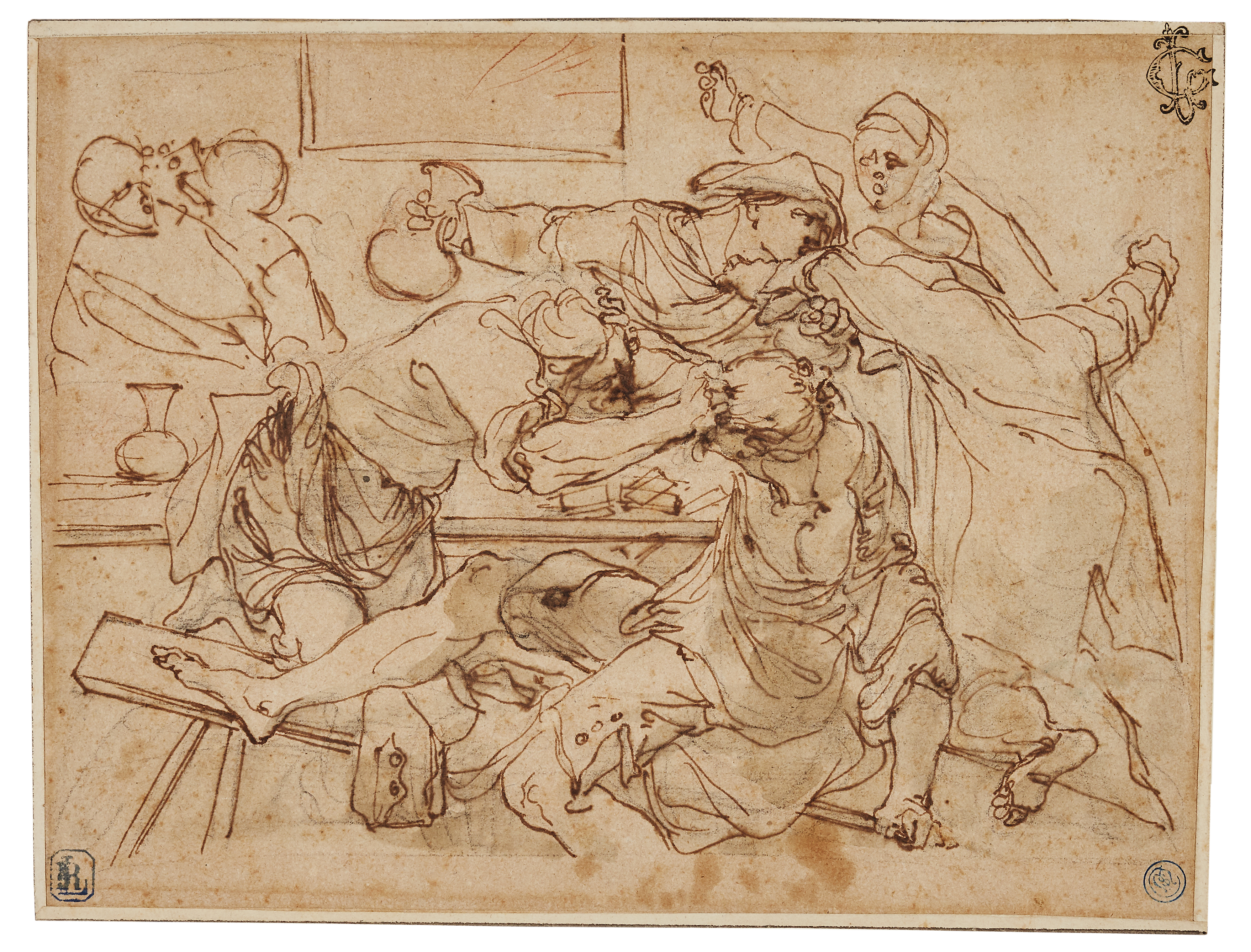 Gaetano Gandolfi,  Italian 1734-1802-  The Gamblers' Quarrel;  black and red chalk, pen and bro...