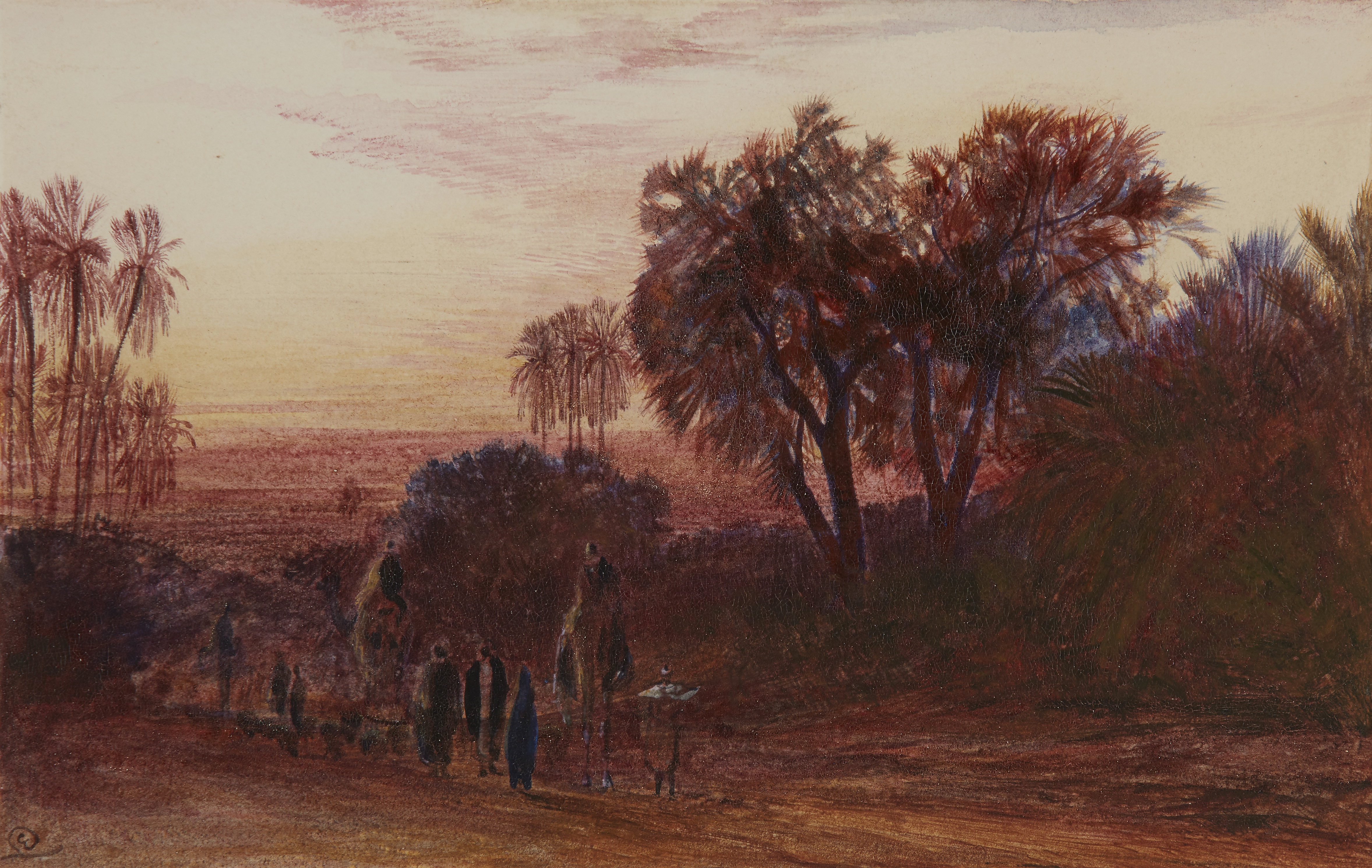 Edward Lear,  British 1812-1888-  Sunset on the road by the Nile;  pencil and watercolour heigh...