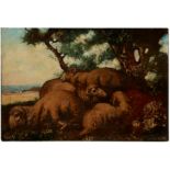 Follower of Philipp Peter Roos,  German 1655-1706-  Sheep resting under a tree;  oil on canvas,...