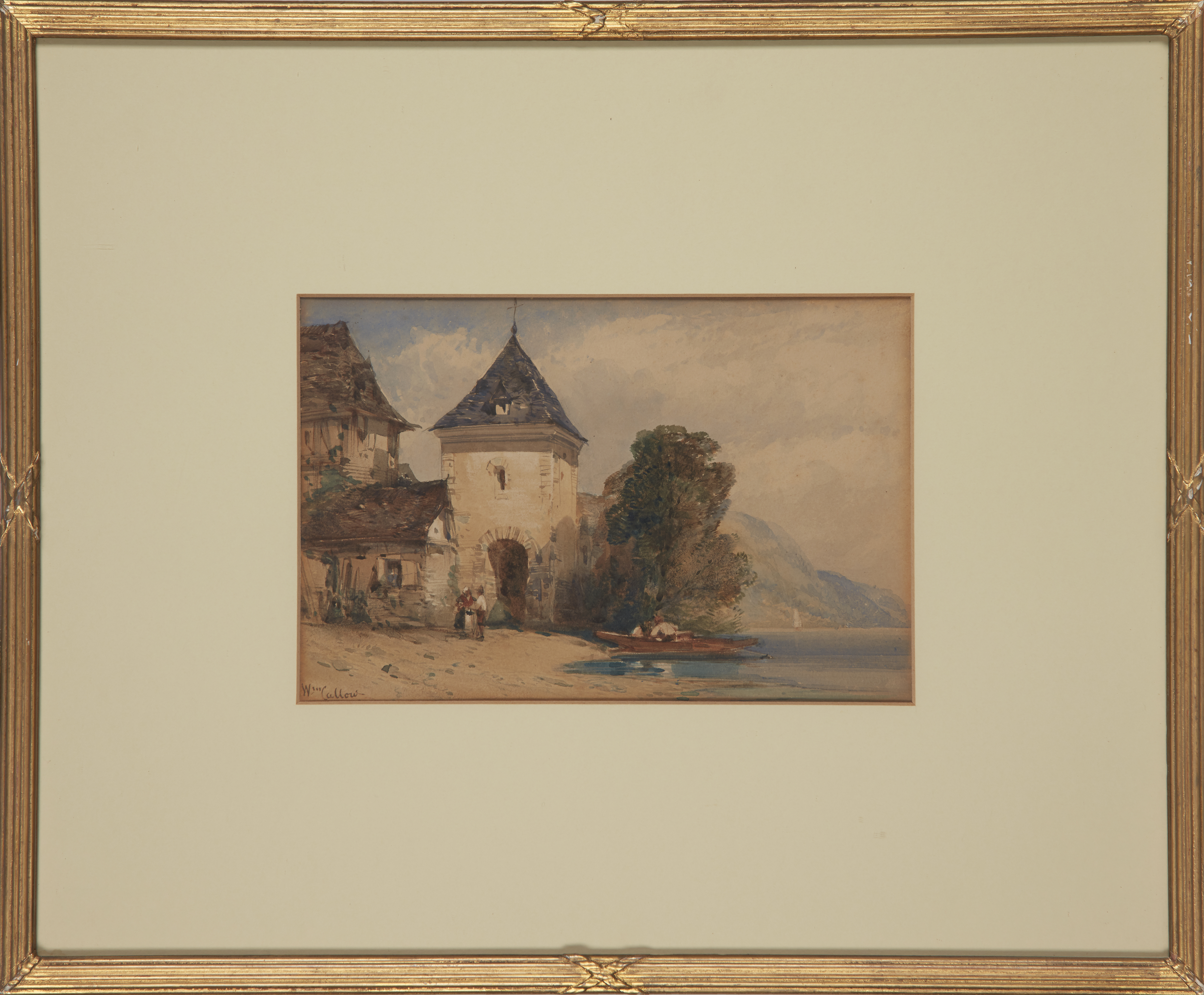 William Callow, RWS,  British 1812-1908-  The edge of a town on an alpine lake, with boats and f... - Image 2 of 2